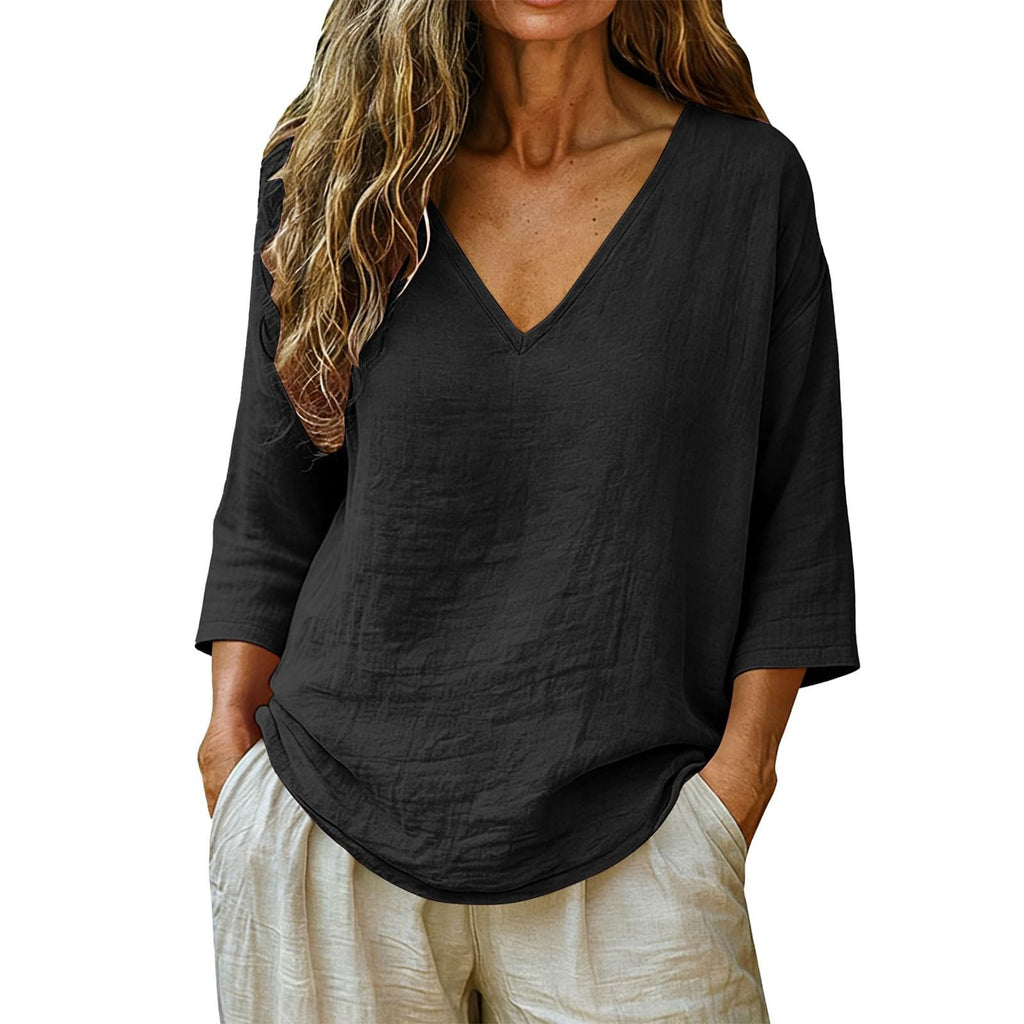 Linen Shirt Women 3/4 Sleeve Summer Casual V Neck Spring Tops Tunic Blouses Loose Fit Cotton Trendy Beach Vacation Clothes