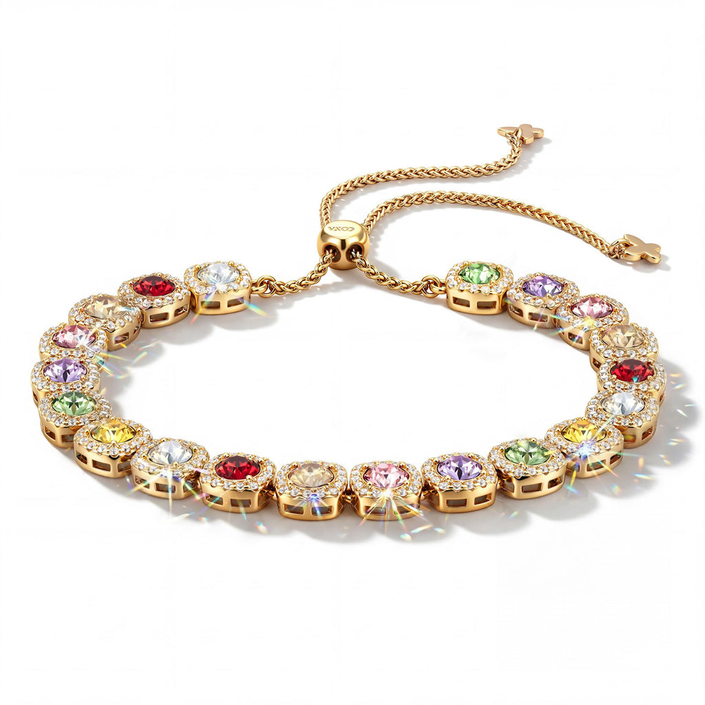 Lucky 7 Handcrafted 14K Gold Plated Tennis Bracelet for Women, 7 Colors of Authentic Swarovski Crystals & Adjustable Slider Jewelry - Meaningful Gift for Birthday, Anniversary, Mother's Day