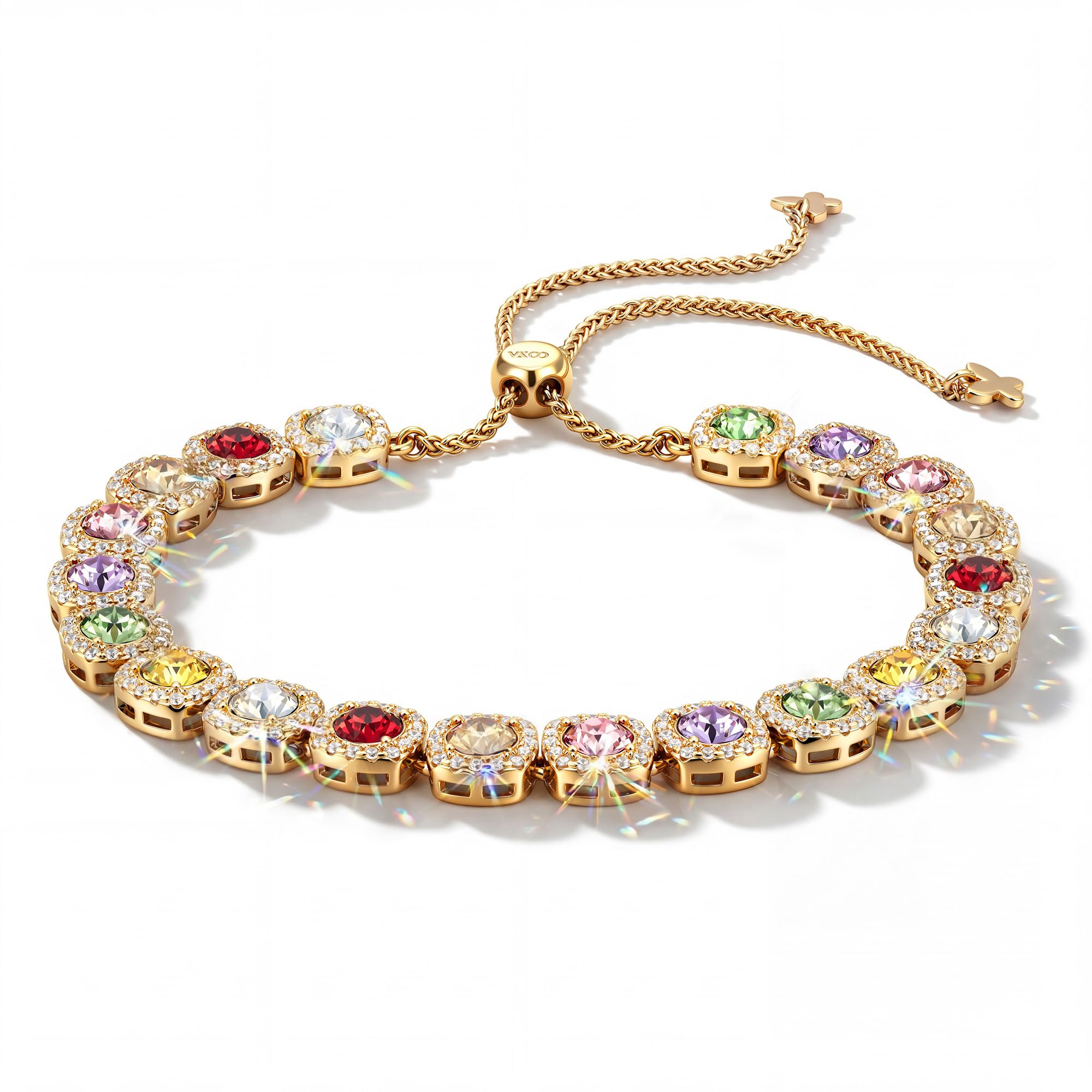 Lucky 7 Handcrafted 14K Gold Plated Tennis Bracelet for Women, 7 Colors of Authentic Swarovski Crystals & Adjustable Slider Jewelry - Meaningful Gift for Birthday, Anniversary, Mother's Day