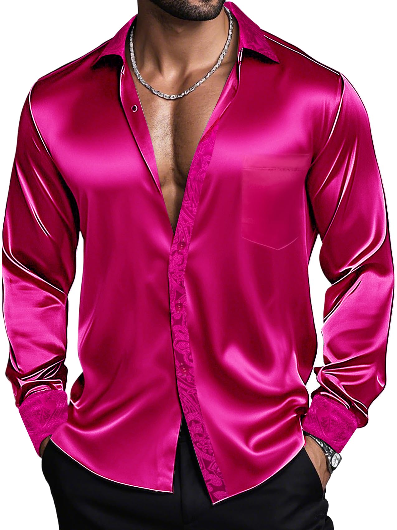 Barry.Wang Mens Satin Silk Shirts Long Sleeve Designer Dress Shirt Shiny Untucked Casual Button Down Shirt Party Disco Formal