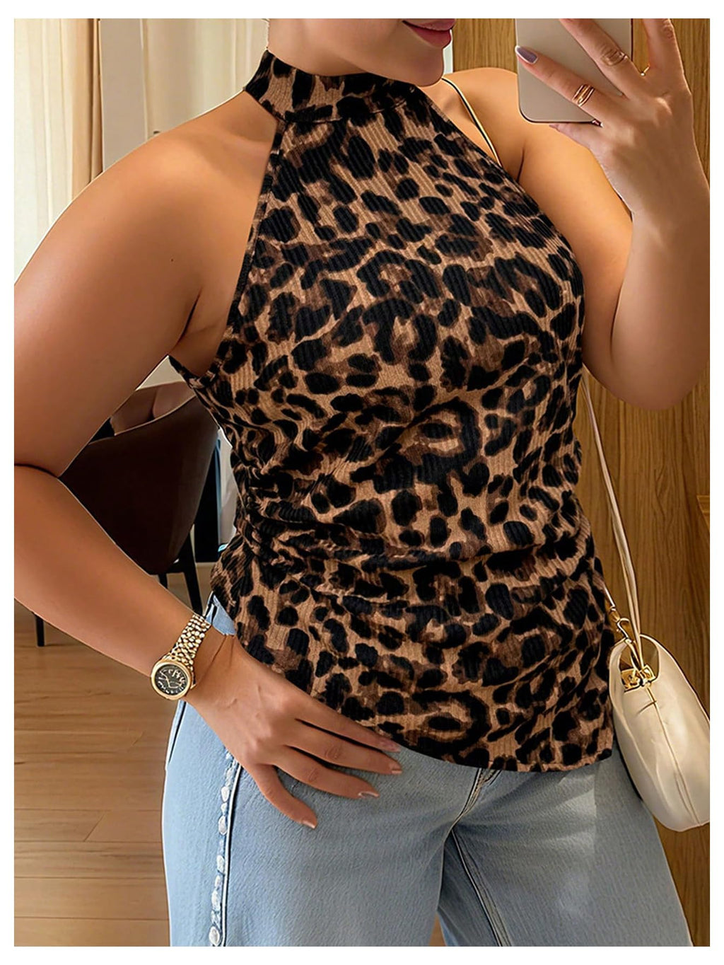 SweatyRocks Women's Plus Size Leopard Mock Neck Halter Tops Ruched Asymmetrical Y2k Tank Top