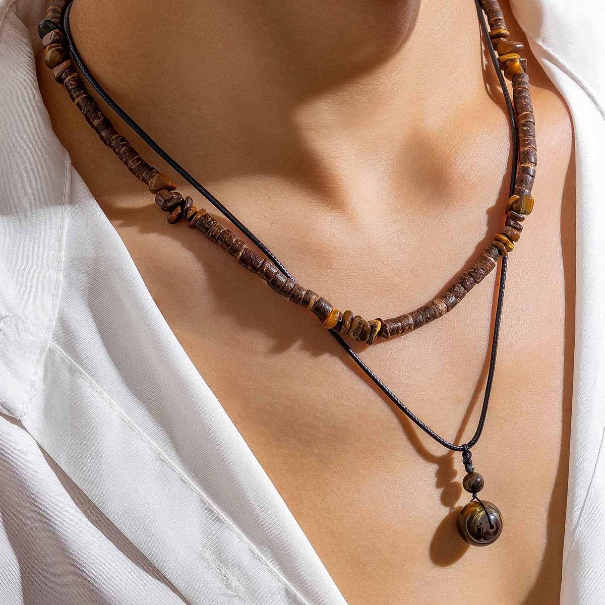 cotwdi Puka Shell Necklace Men Beaded Beach Necklaces for Men Surfer Necklace Black Brown Wood Beaded Jewelry Coconut Shell Conch Cowrie Seashell Necklaces Hawaiian Summer Beach Jewelry