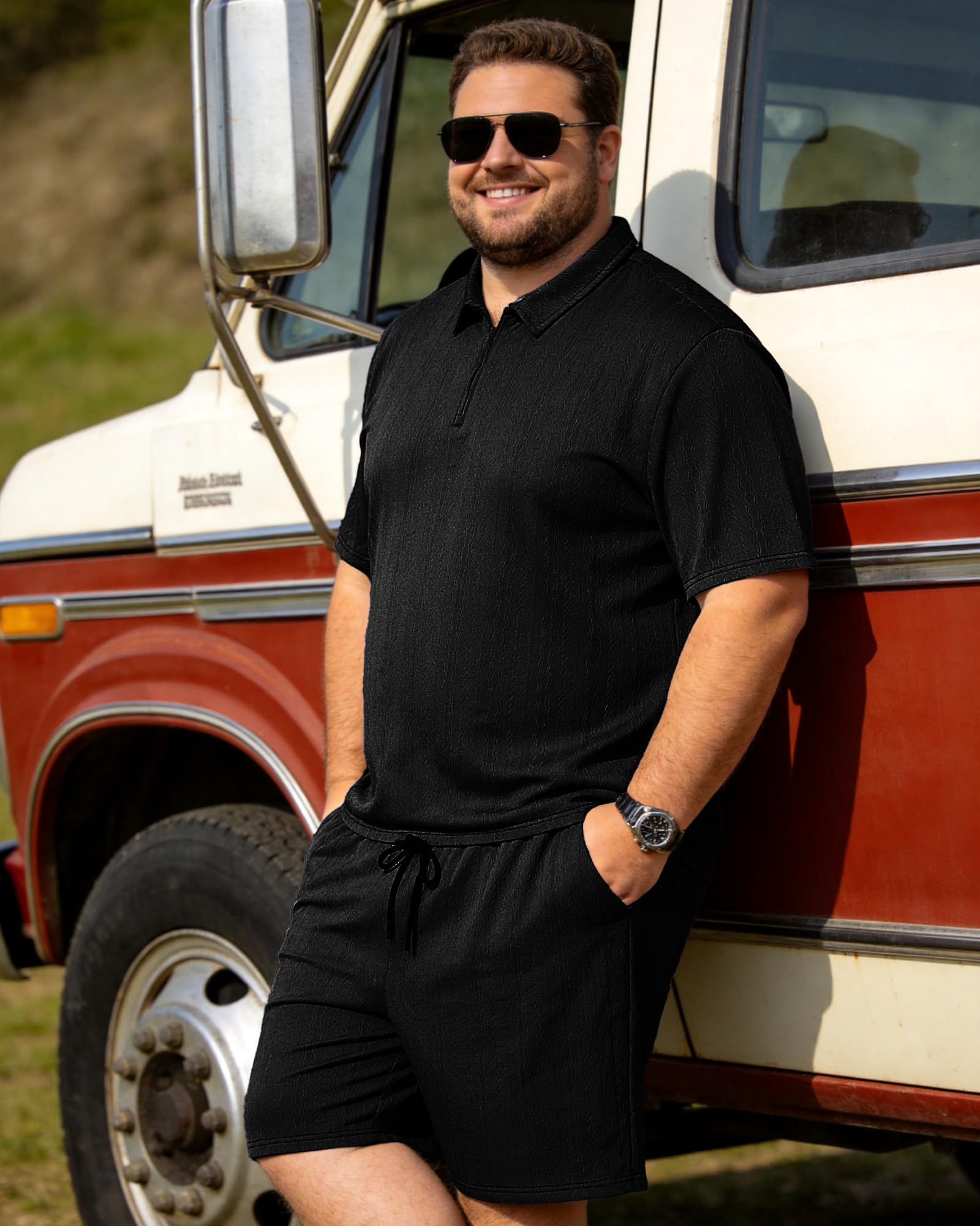 Sovneazy Big and Tall 2 Piece Outfits for Men Polo Shirt and Short Sets Quarter Zip Textured Summer Clothes, Black 2XL