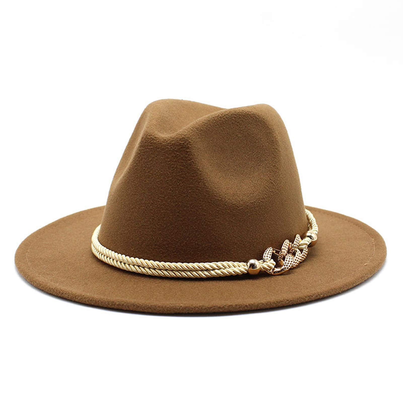 Gossifan Lady Fashion Wide Brim Felt Fedora Panama Hat with Ring Belt