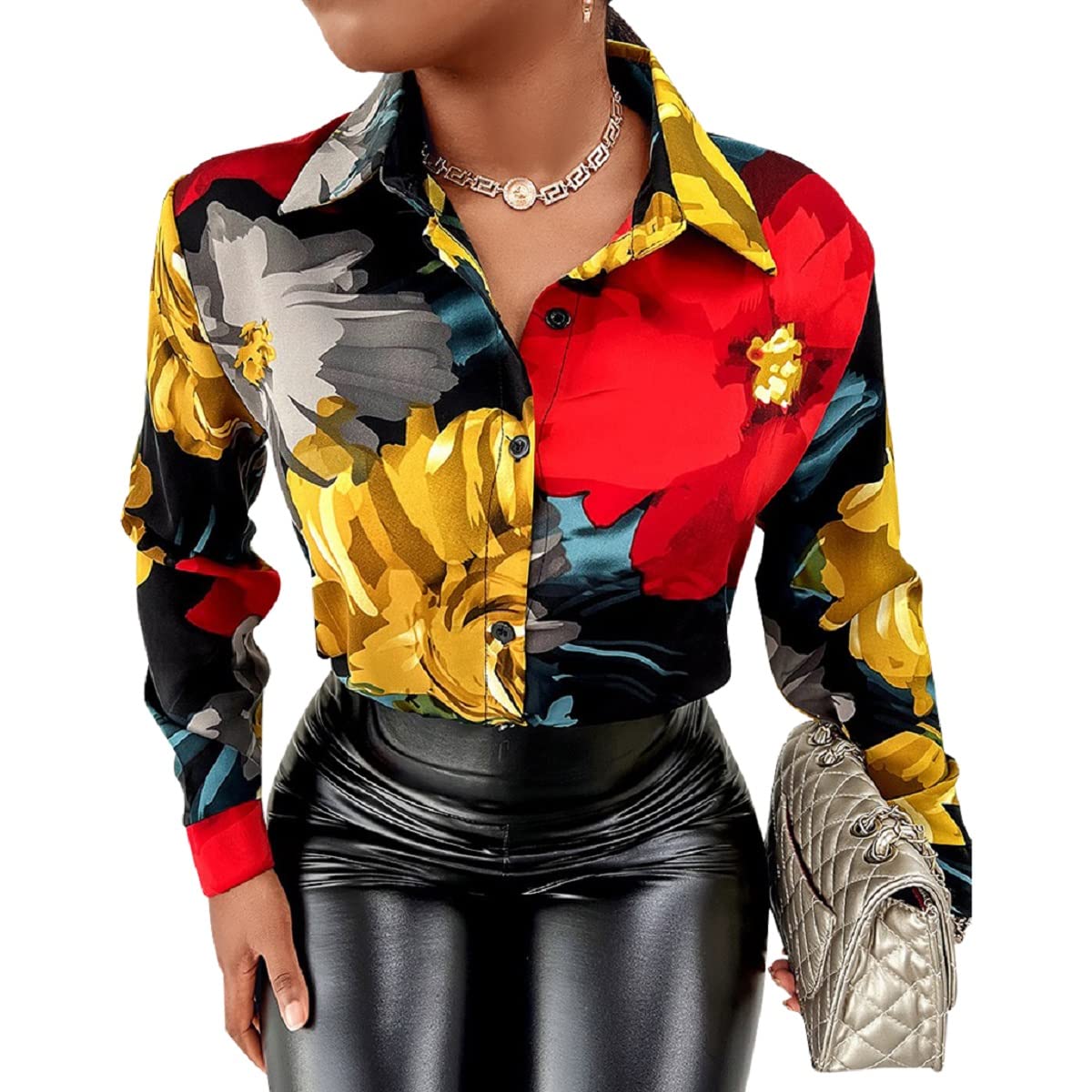 Blouses for Women Dressy Casual Colorful Long Sleeve Shirt Floral Print Tops Loose Collar Sexy T-Shirts Fashion 2023