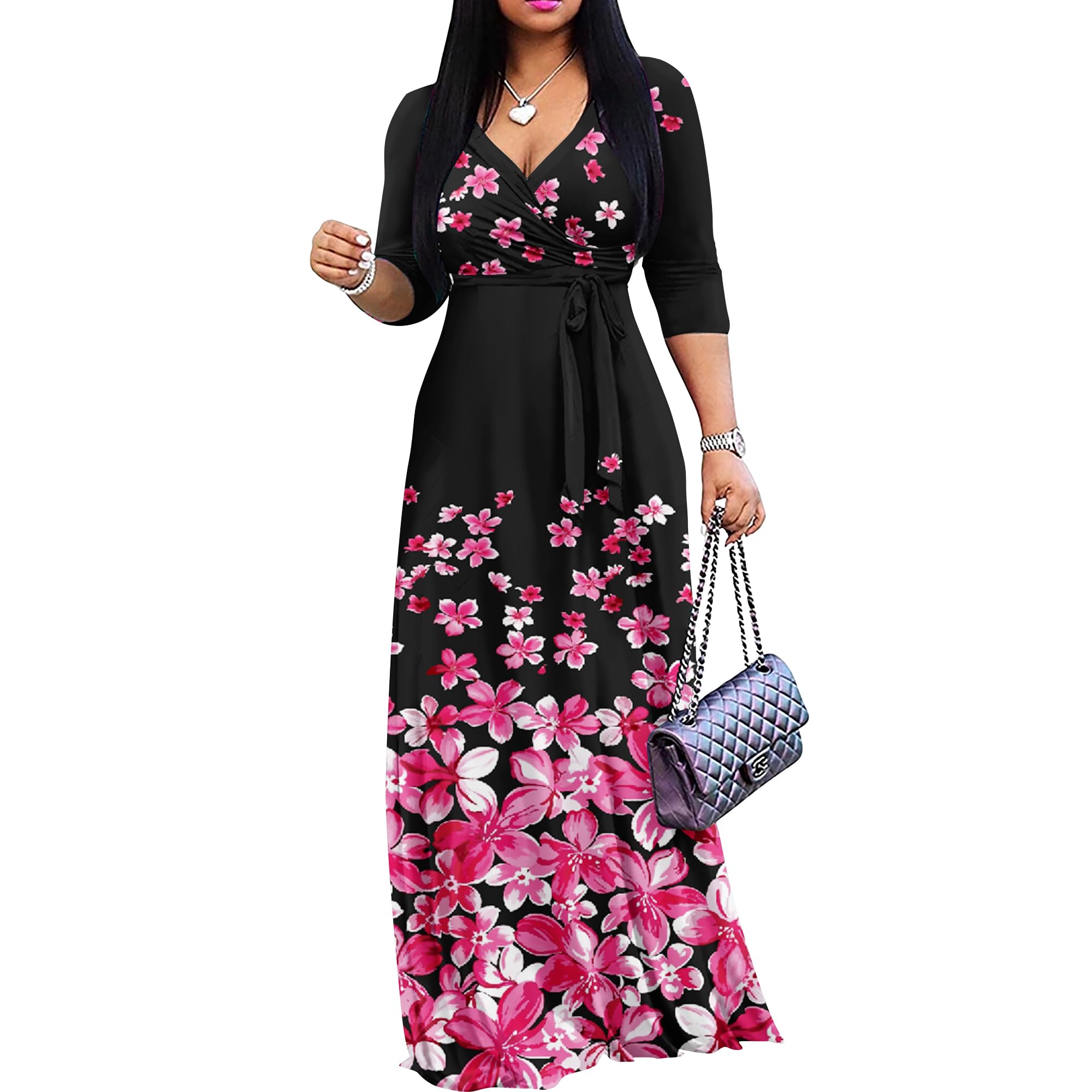 FANDEE Plus Size Maxi Dress for Women Casual Summer Sundress V-Neck 3/4 Sleeve