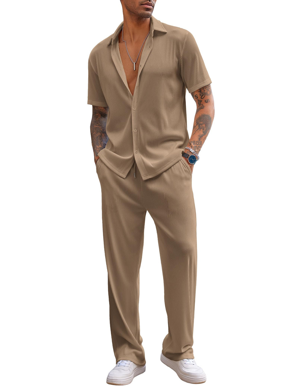 COOFANDY Men's 2 Piece Outfit Casual Short Sleeve Button Down Shirt Beach Summer Loose Pant Sets