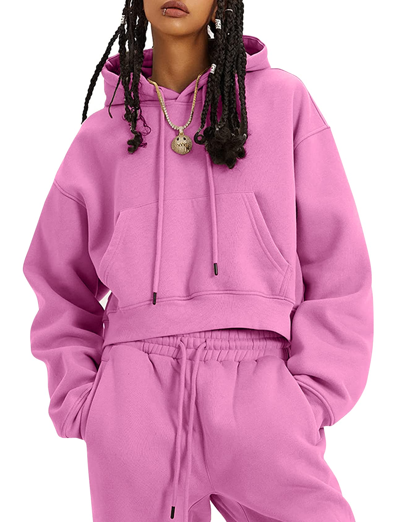 Flygo Womens Fleece 2 Piece Outfits Sweatsuit Crop Pullover Sweatshirt Joggers Pants Tracksuit Set