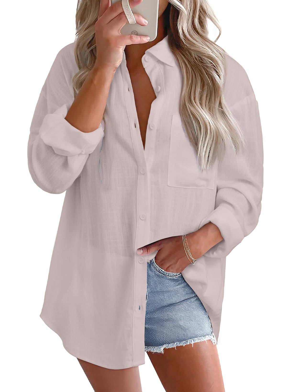 Astylish Women 2026 Loose Fit Tops Cotton Linen Button Down Shirts Collared Roll Up Long Sleeve V Neck Blouses
