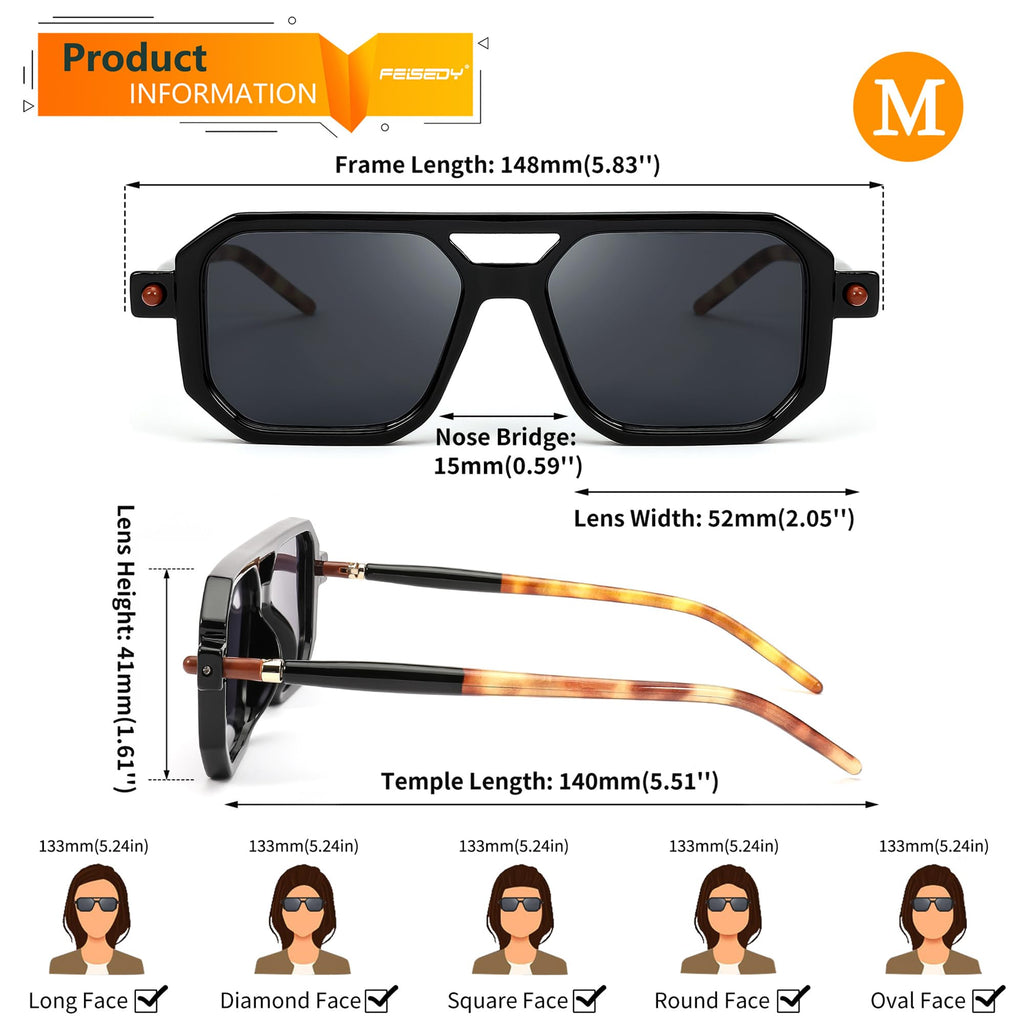 FEISEDY Vintage Square 70s Flat Aviator Sunglasses Women Men Classic Retro Stylish Frame UV400 Sunglasses B2622