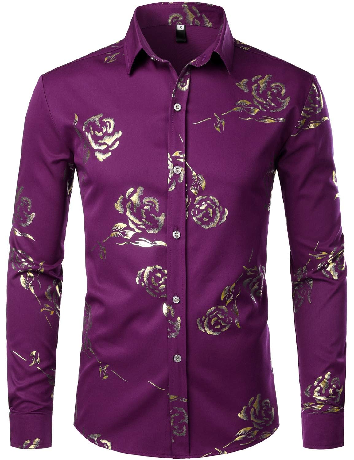 ZEROYAA Mens Hipster Rose Printed Slim Fit Long Sleeve Dress Shirts Prom Performing Shirts