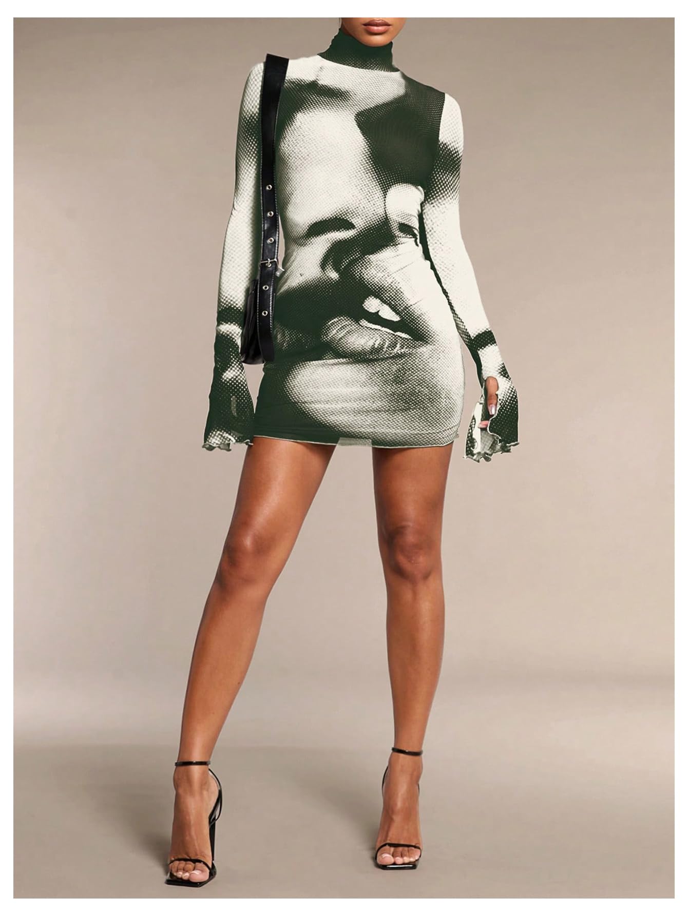 GORGLITTER Women's Mesh Y2K Rave Vegas Going Out Dress Outfits Long Sleeve Club Turtleneck Neck Newspaper Mini Dresses