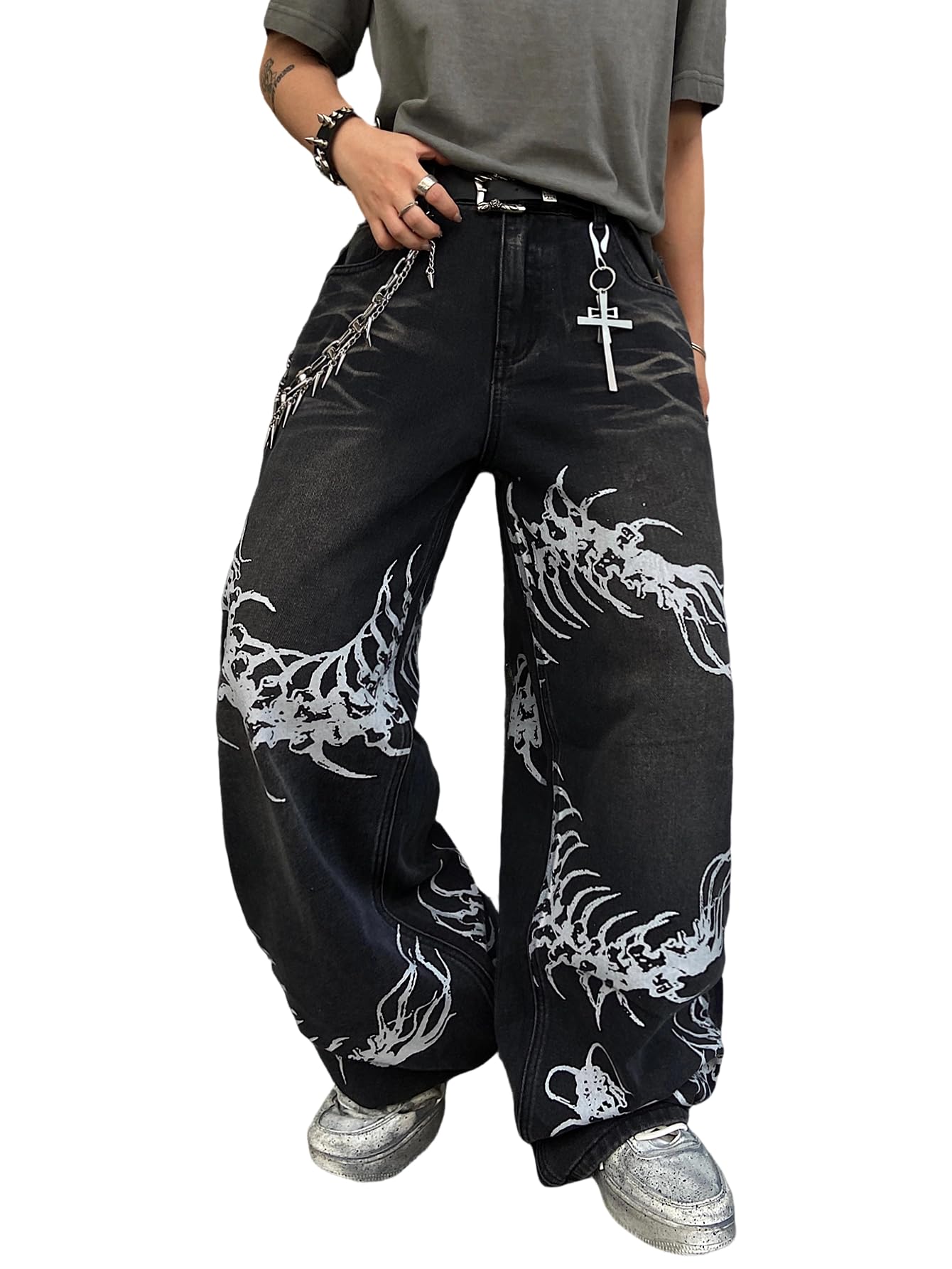 DFGIGT Men's Hip-hop Embroidered Baggy Jeans Loose Fit Denim Black Trousers