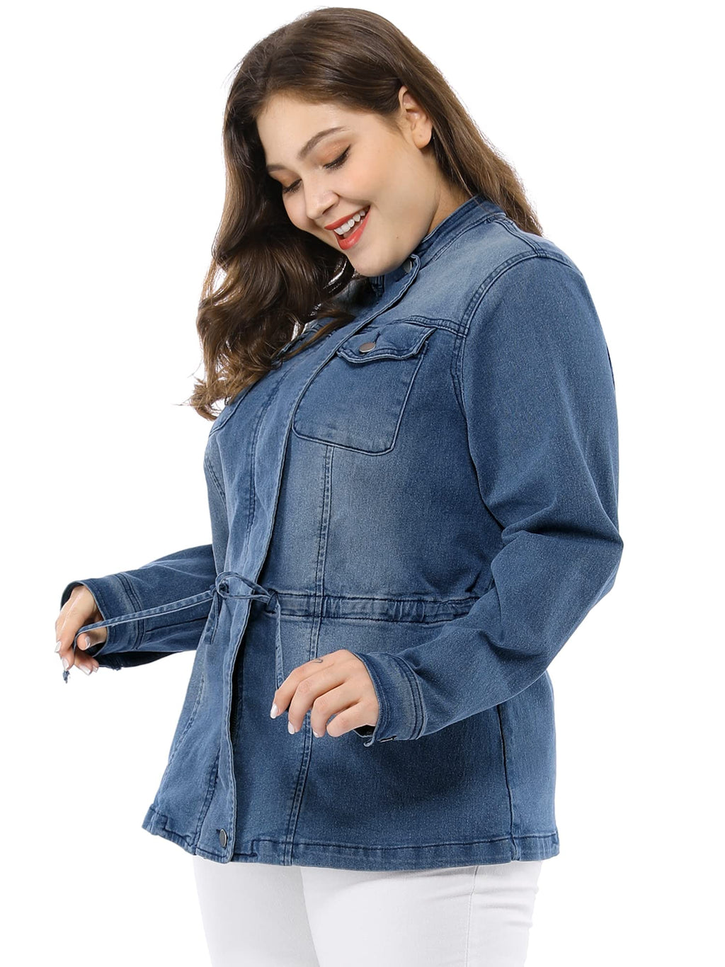 Agnes Orinda Women's Plus Size Denim Jacket Stretch Stand Collar Zip Drawstring Jean Jackets 2024