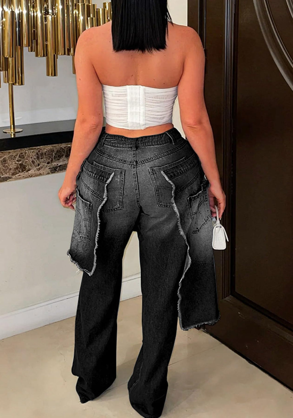 LKOUS Women's Ripped Baggy Jeans High Waist Wide Leg Patchwork Distressed Cutout Stretchy Denim Pants Streetwear