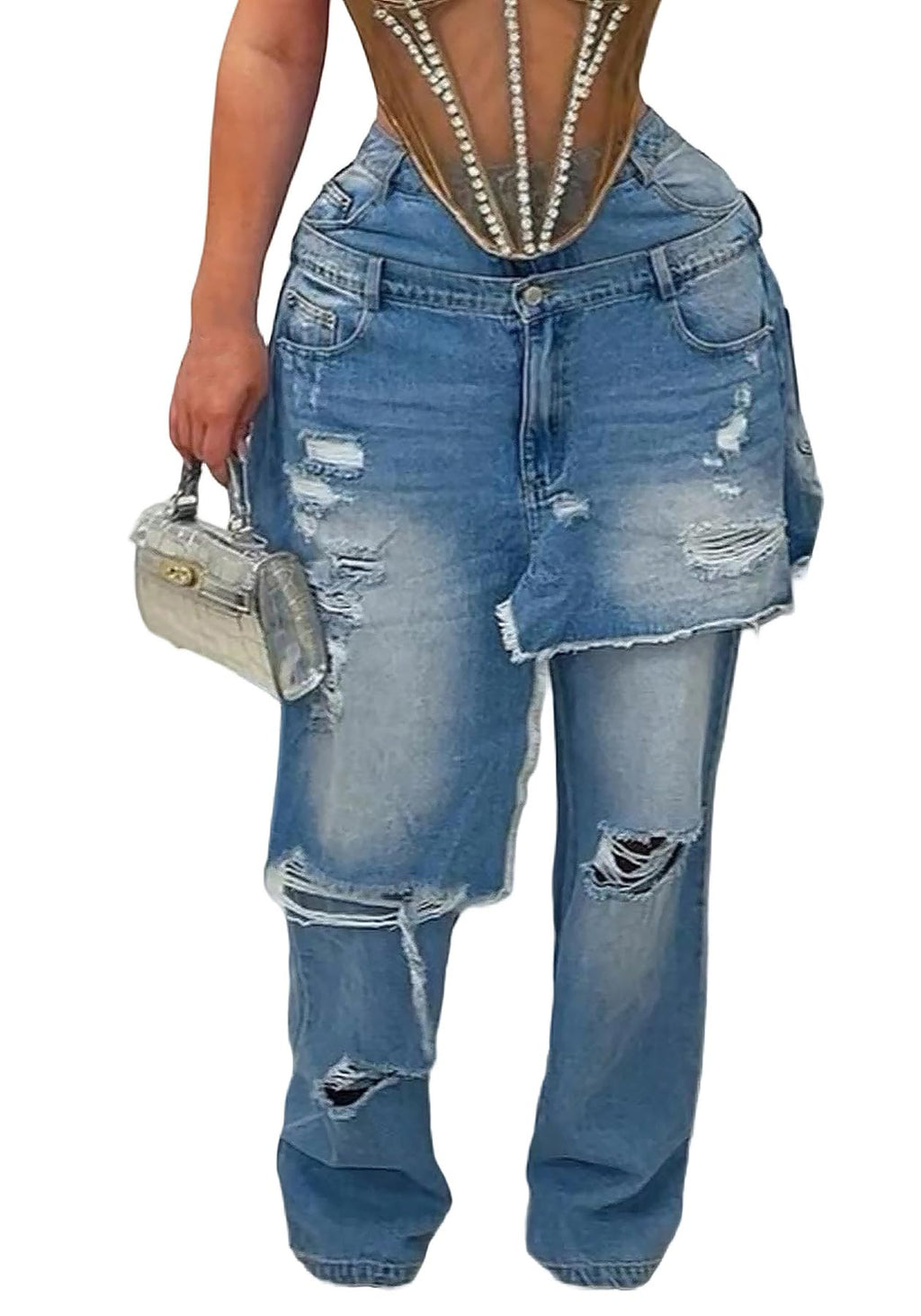LKOUS Women's Ripped Baggy Jeans High Waist Wide Leg Patchwork Distressed Cutout Stretchy Denim Pants Streetwear