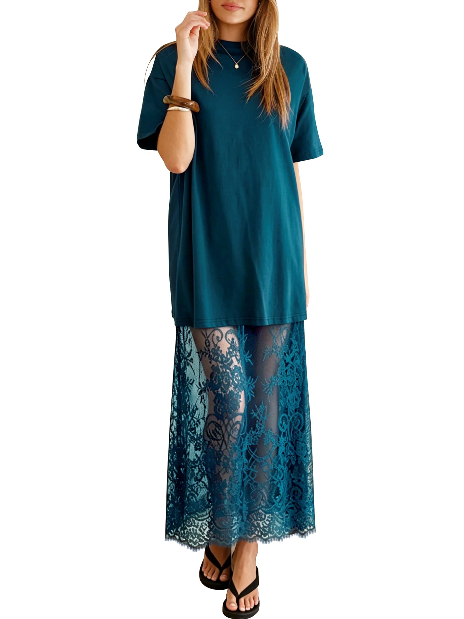 miduo Womens Summer Short Sleeve Crewneck Lace Patchwork Maxi Dress Casual Long Dresses