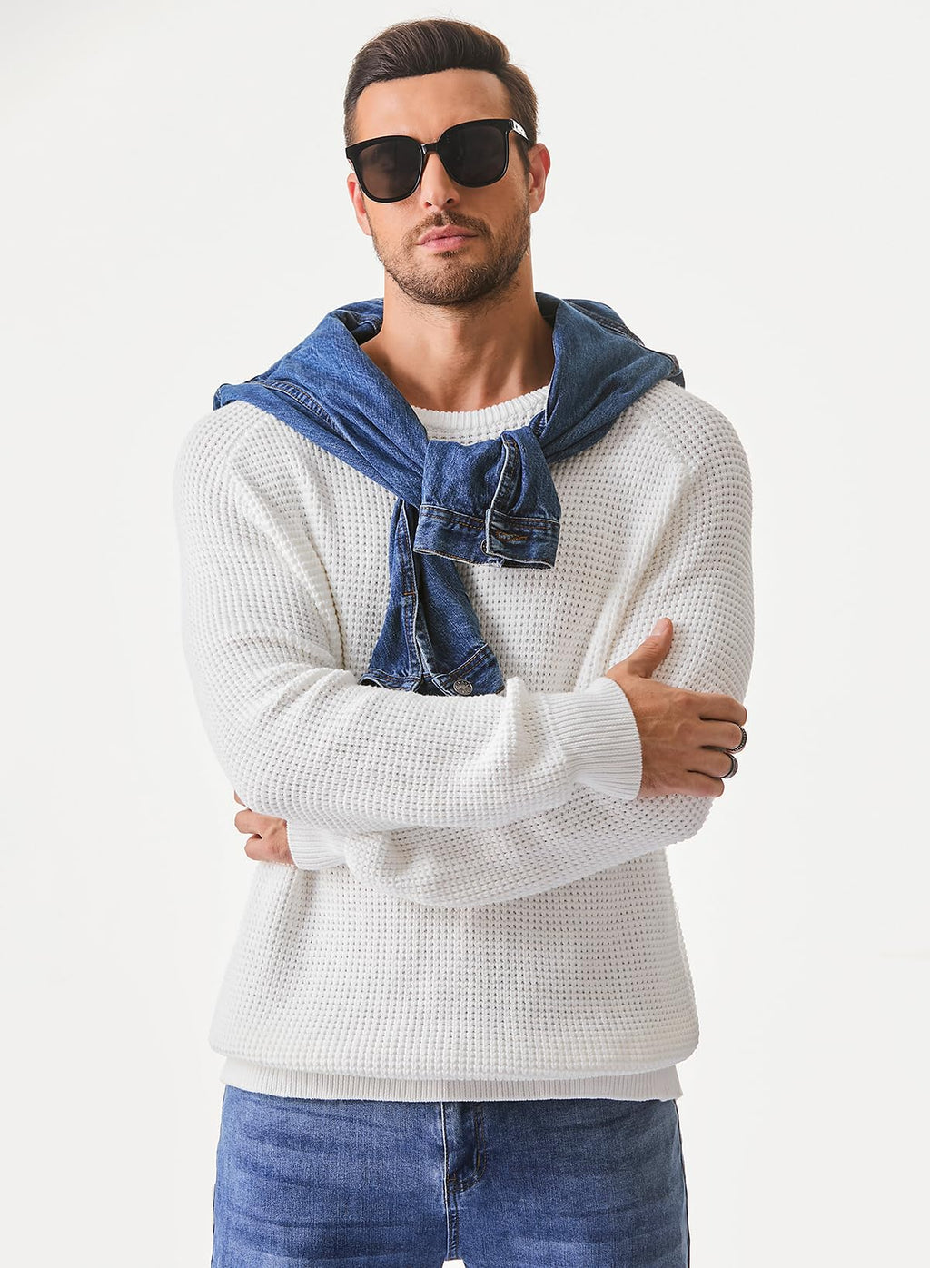 JMIERR Men's Crewneck Pullover Sweater Waffle Textured Knitted Sweaters Casual Loose Fit Sweaters with Ribbing Edge