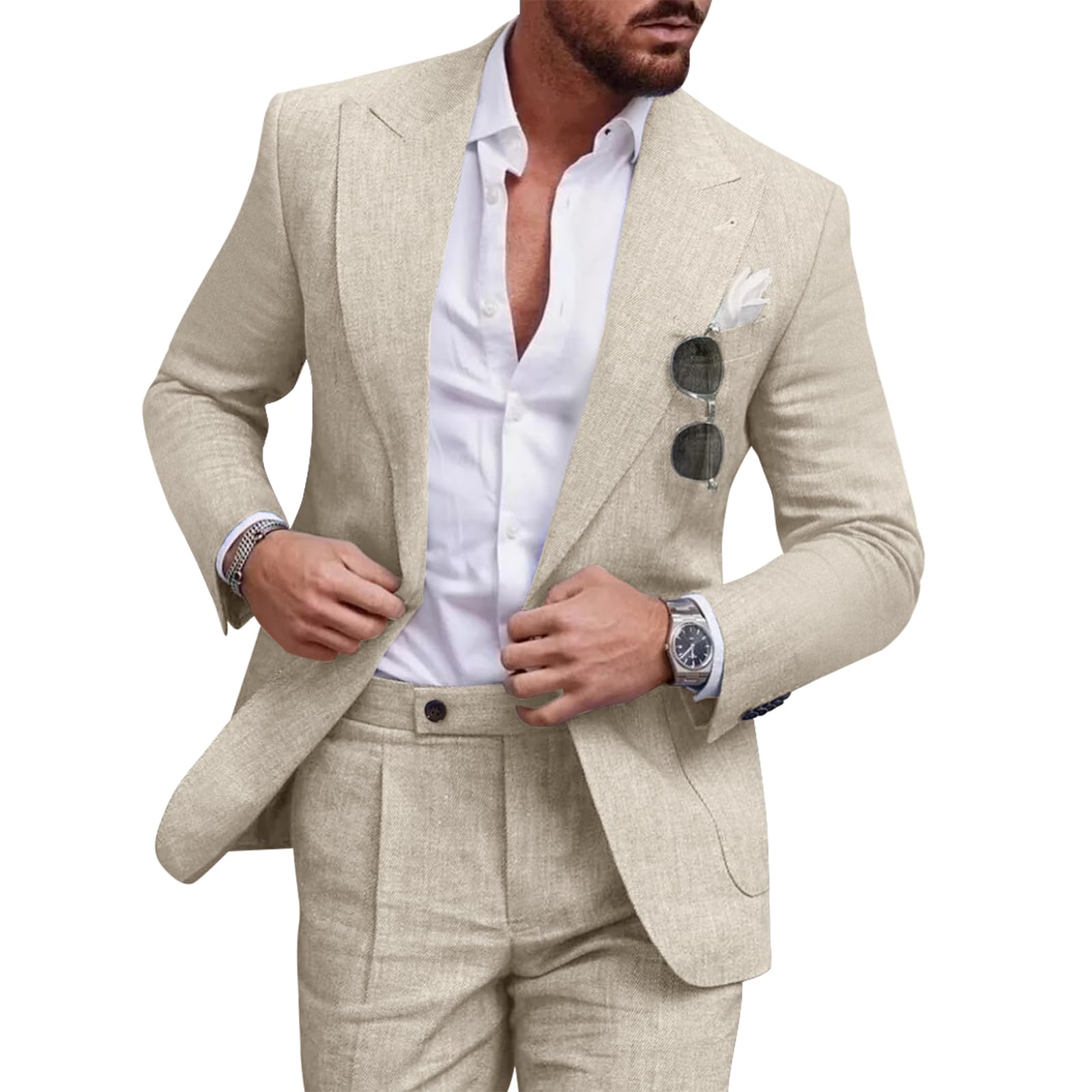 Diaryan Linen Men Suit Set Casual Tuxedo 2 Piece Regular Fit Blazer One Button Solid Jacket and Pants for Prom Wedding Party