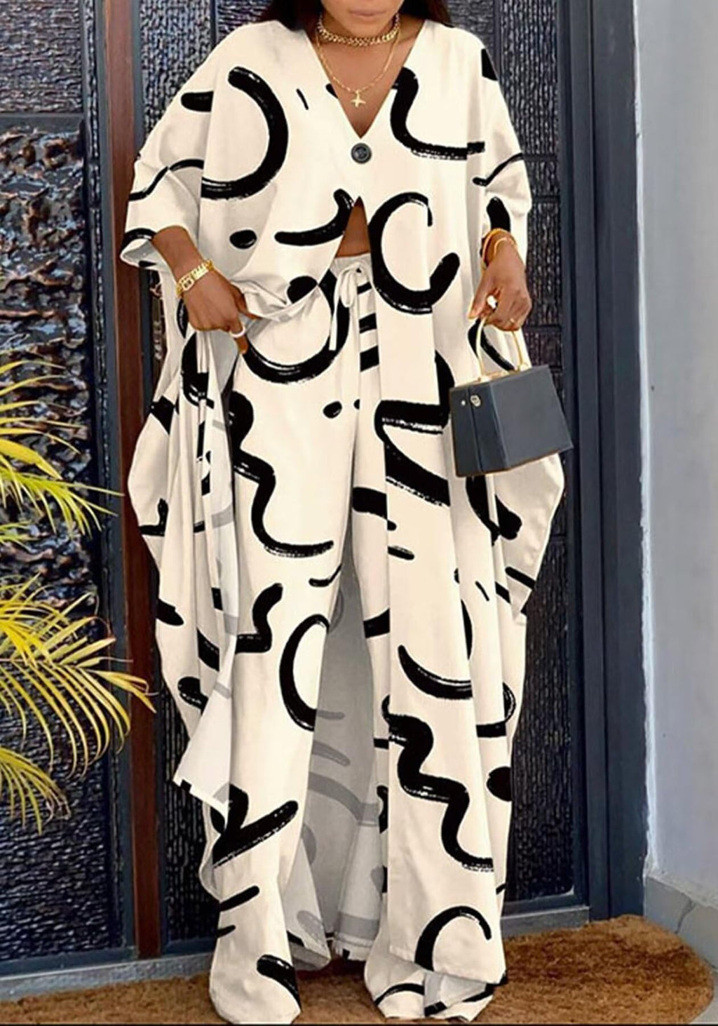 LROSEY Spring African 2 Piece Outfits Caftans for Women Floral V Neck Long Cardigan Cover Up Wide Leg Pants Sets Plus Size