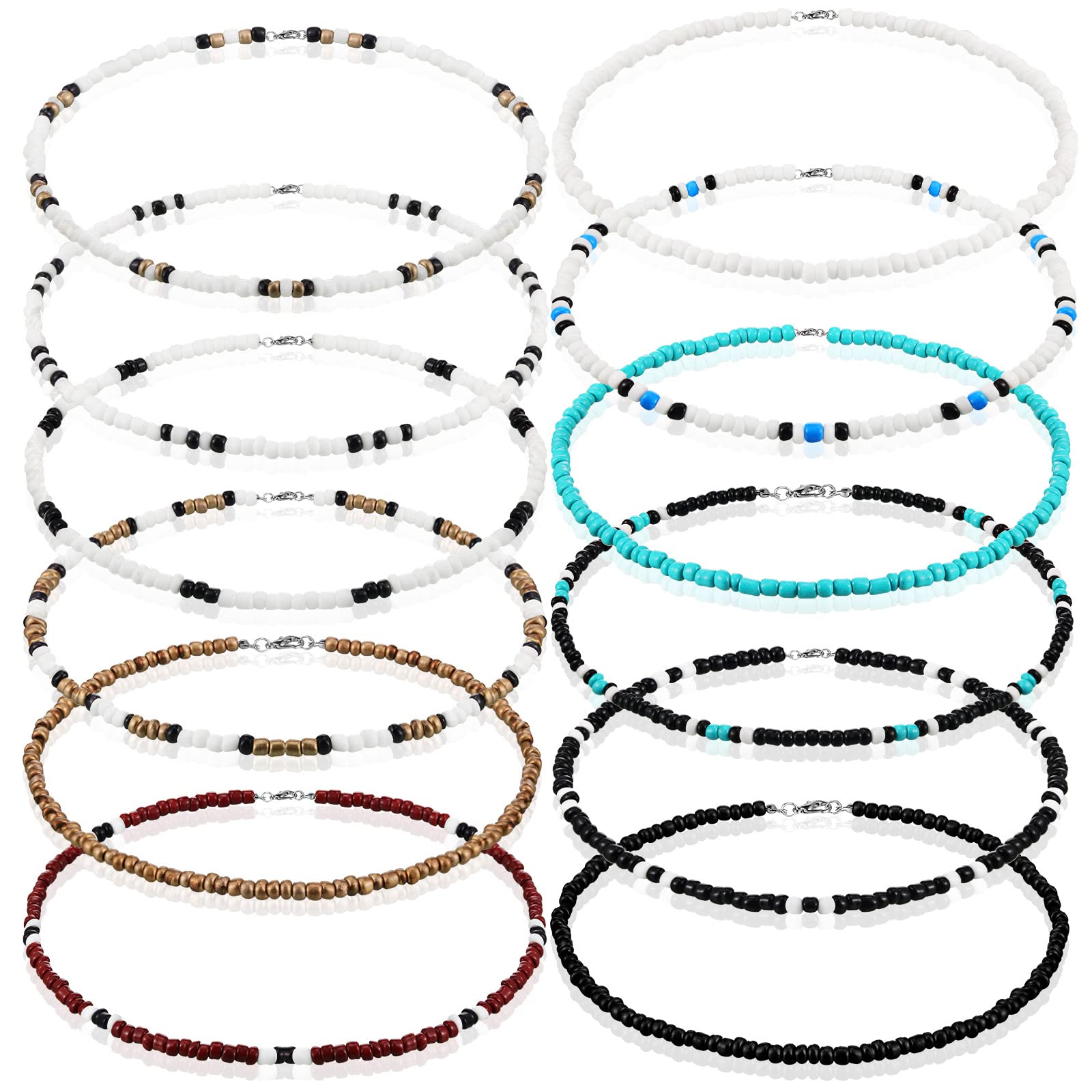 Yinkin 12 Pcs Puka Shell Necklace Bulk for Men Women Beach Surfer Beaded Necklace Summer Surfer Chokers Jewelry