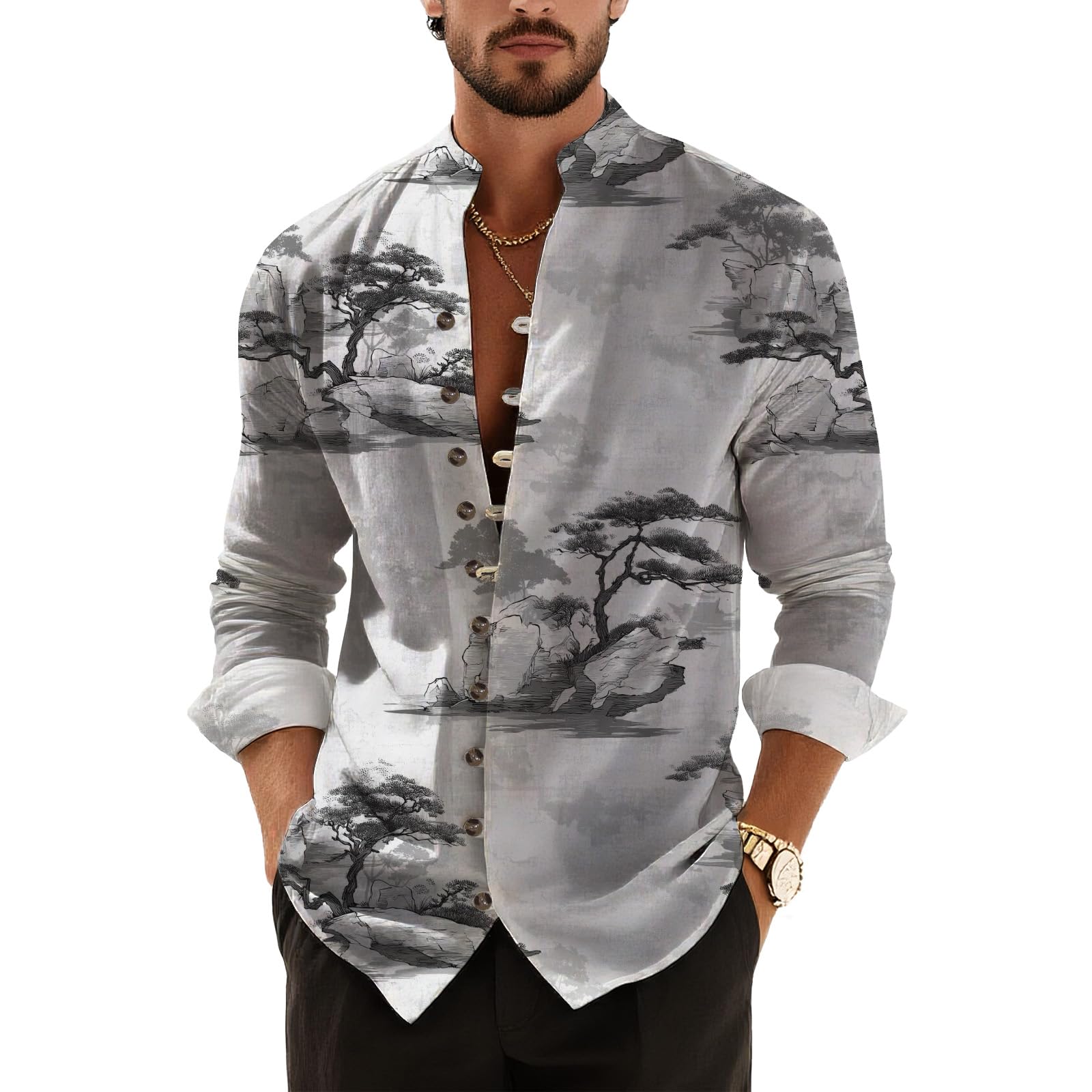 DMOYALA Men’s Hawaiian Button Down Shirts 2025 Fall Casual Long Sleeve Shirts Baggy Henley Neck Beach Vacation Outfits
