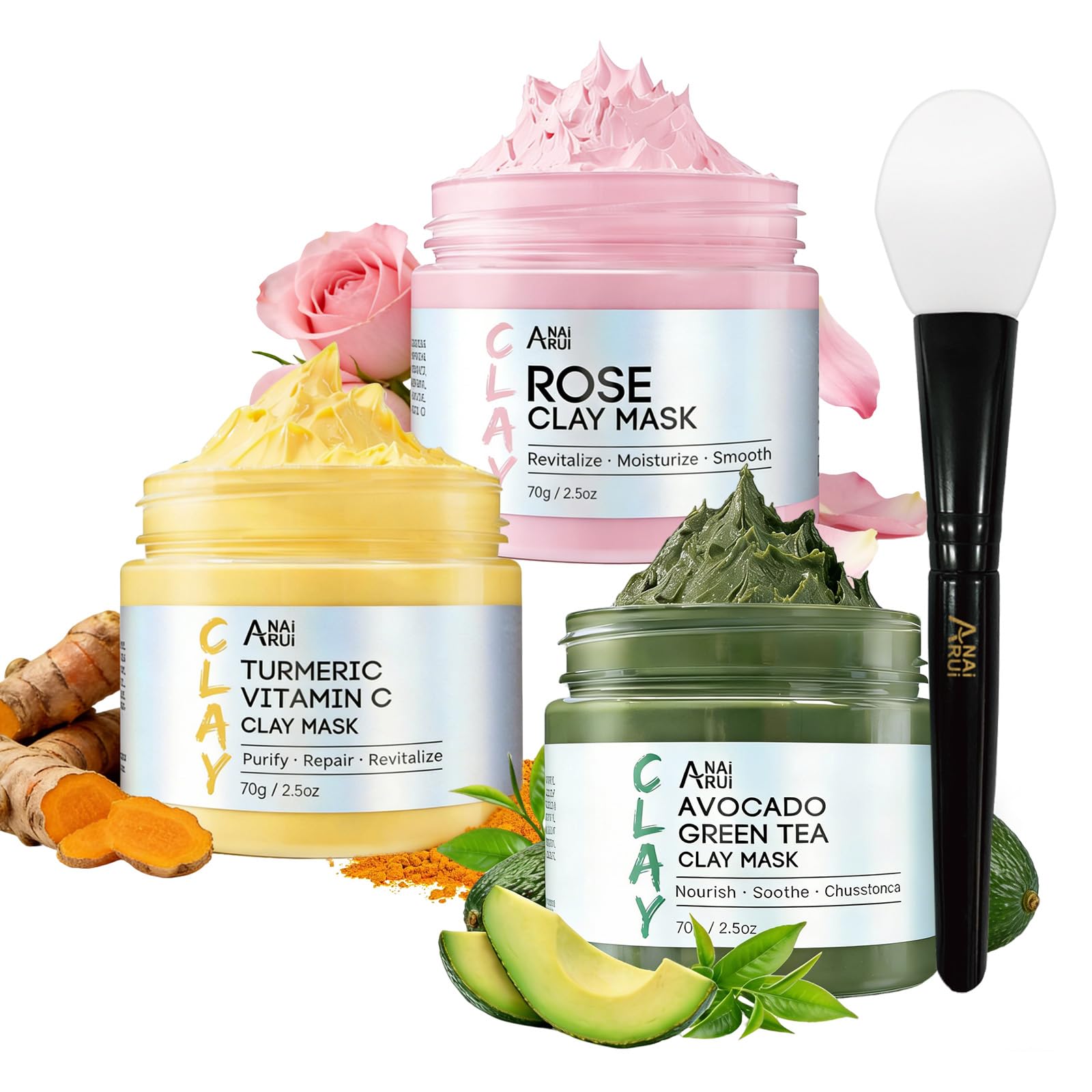 ANAI RUI 3Pcs Face Mask Set, Turmeric Clay Mask - Green Tea Face Mask - Dead Sea Minerals Mud Mask,Self Care Gifts for Women 2.5 oz each