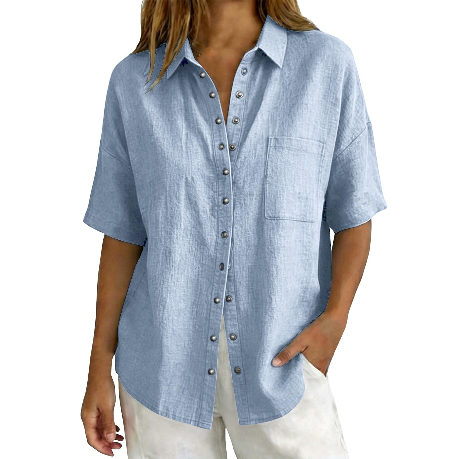 Linen Tops for Women Breathable Gauze Shirts Cotton Button Down Summer Elbow Length Blouses Dressy Casual Clothes