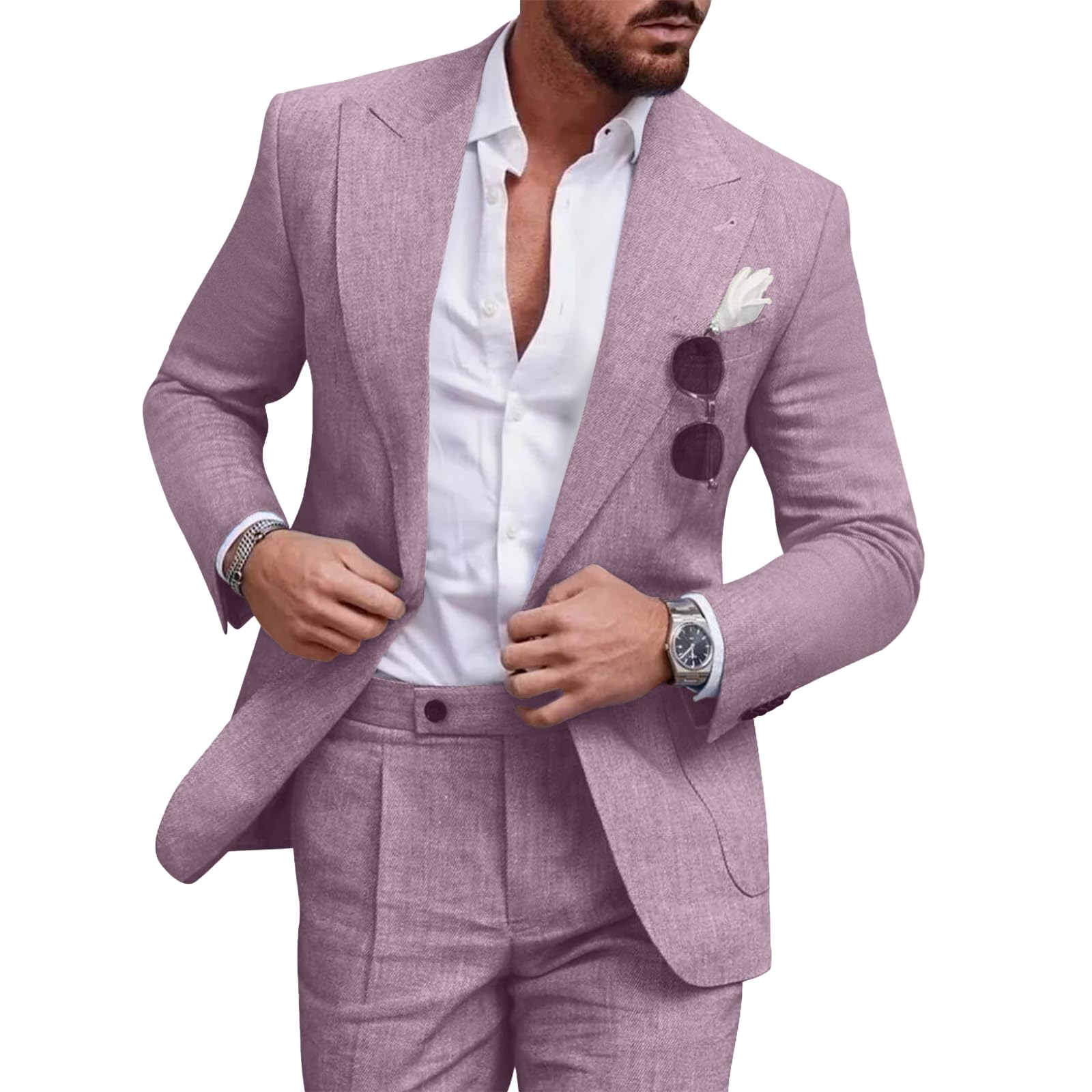 Diaryan Linen Men Suit Set Casual Tuxedo 2 Piece Regular Fit Blazer One Button Solid Jacket and Pants for Prom Wedding Party