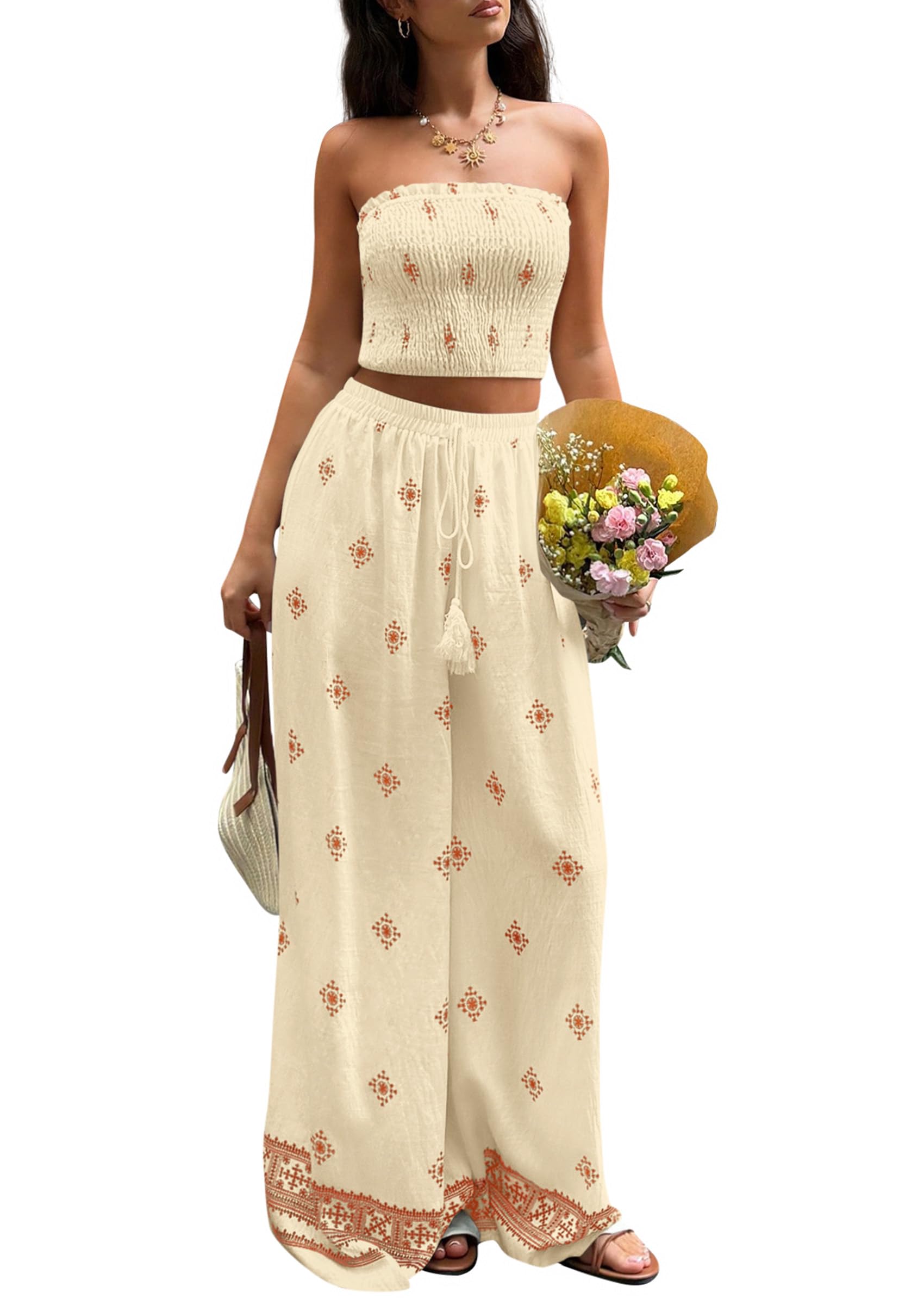 PRETTYGARDEN 2 Piece Sets for Women Summer 2026 Fashion Clothing Boho Tube Tops Wide Leg Pants Cruise Beach Vacation Outfits