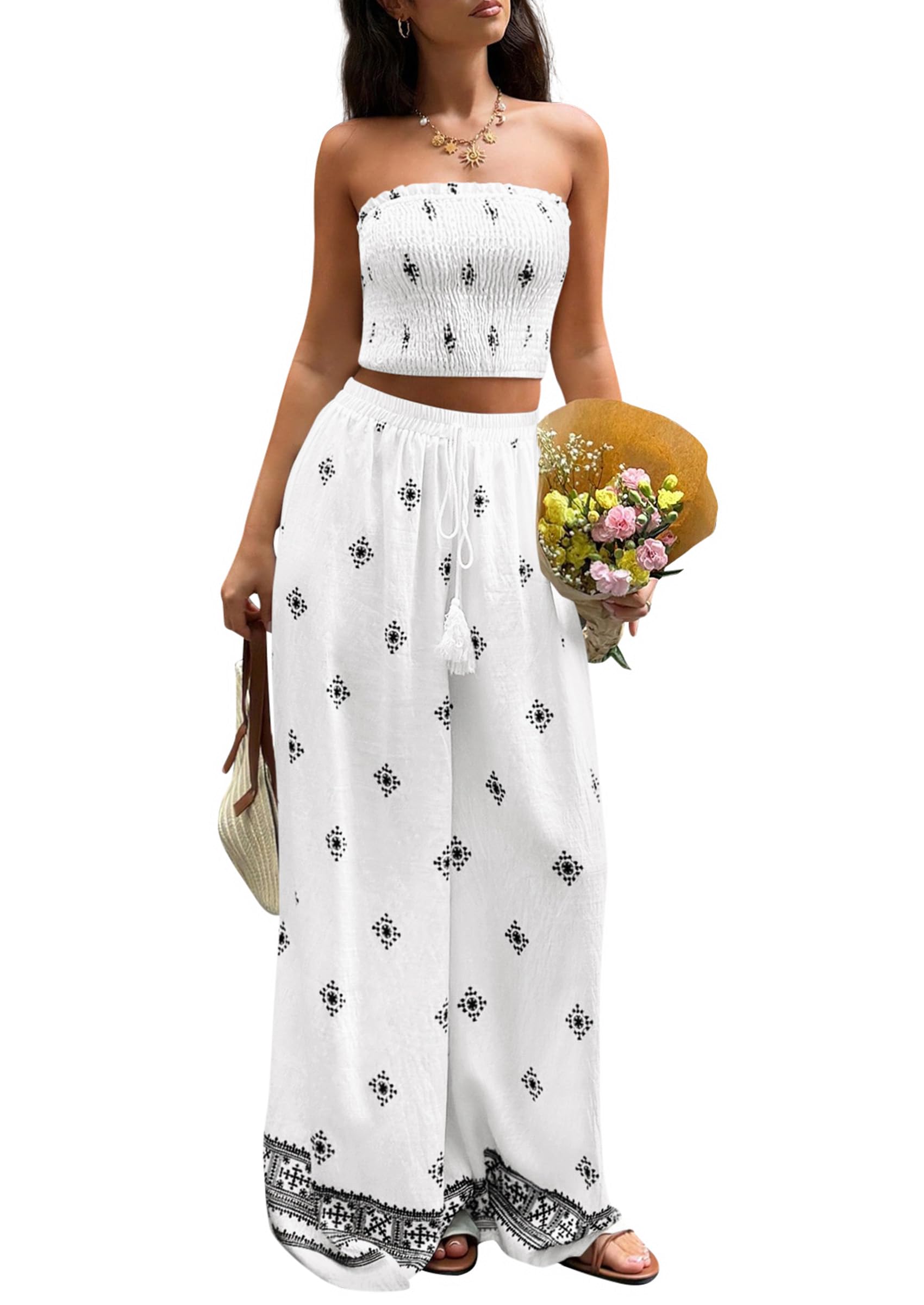 PRETTYGARDEN 2 Piece Sets for Women Summer 2026 Fashion Clothing Boho Tube Tops Wide Leg Pants Cruise Beach Vacation Outfits