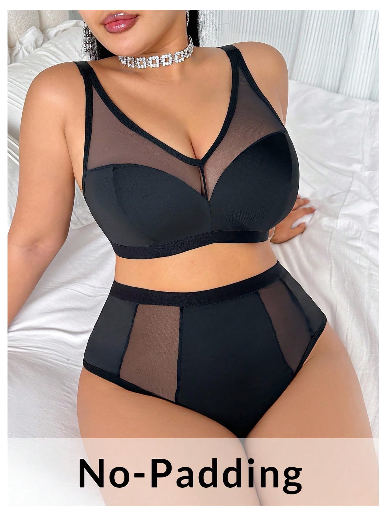 OYOANGLE Women Plus Size 2 Piece Lingerie Sexy Mesh Bralette and High Waist Panty Set Underwear