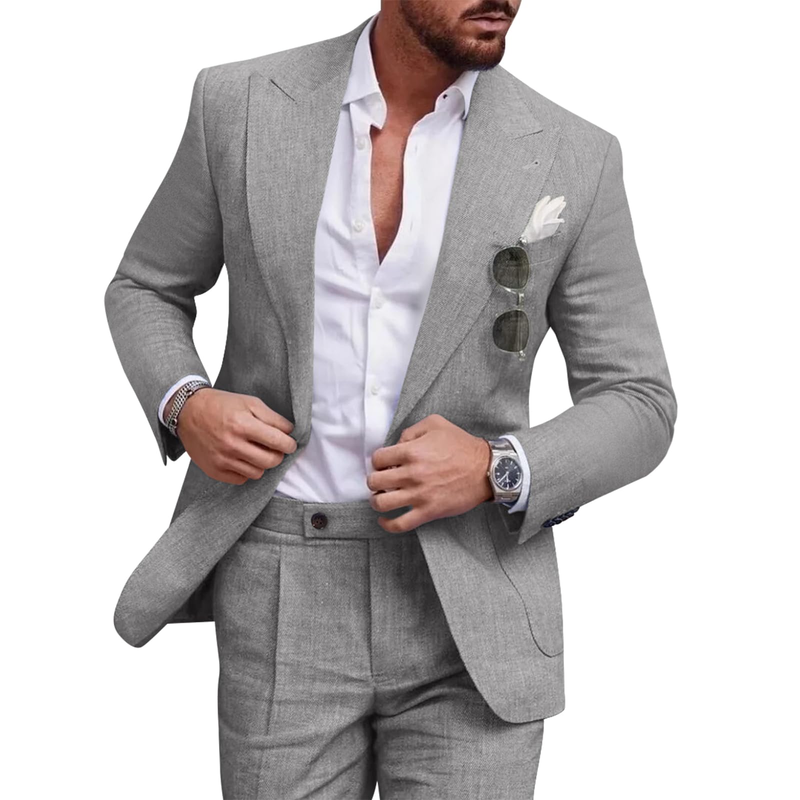 Diaryan Linen Men Suit Set Casual Tuxedo 2 Piece Regular Fit Blazer One Button Solid Jacket and Pants for Prom Wedding Party