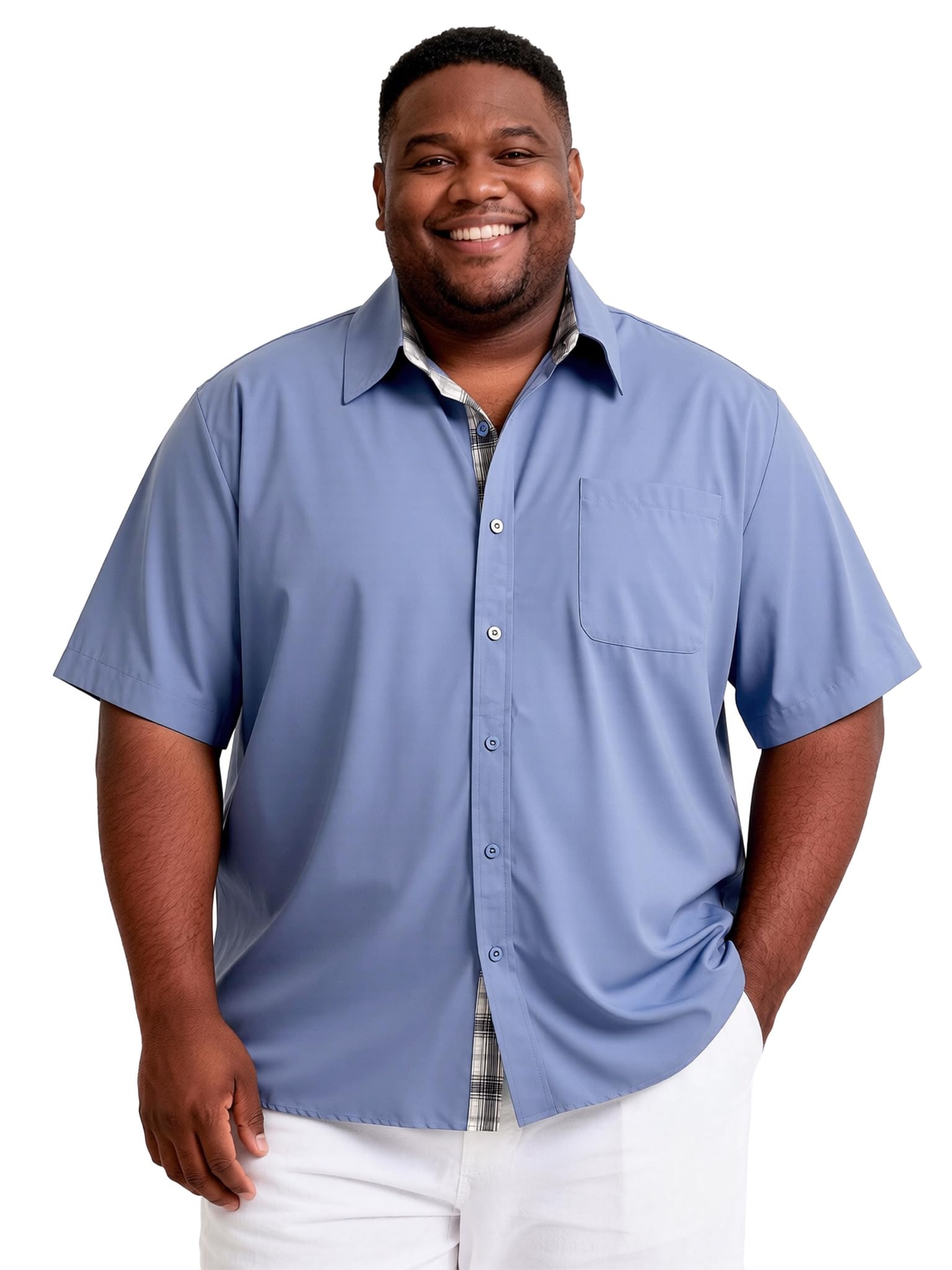 Big and Tall Dress Shirts for Men Short Sleeve Button Down Shirt with Contrast Plaid Office & Wedding Shirt