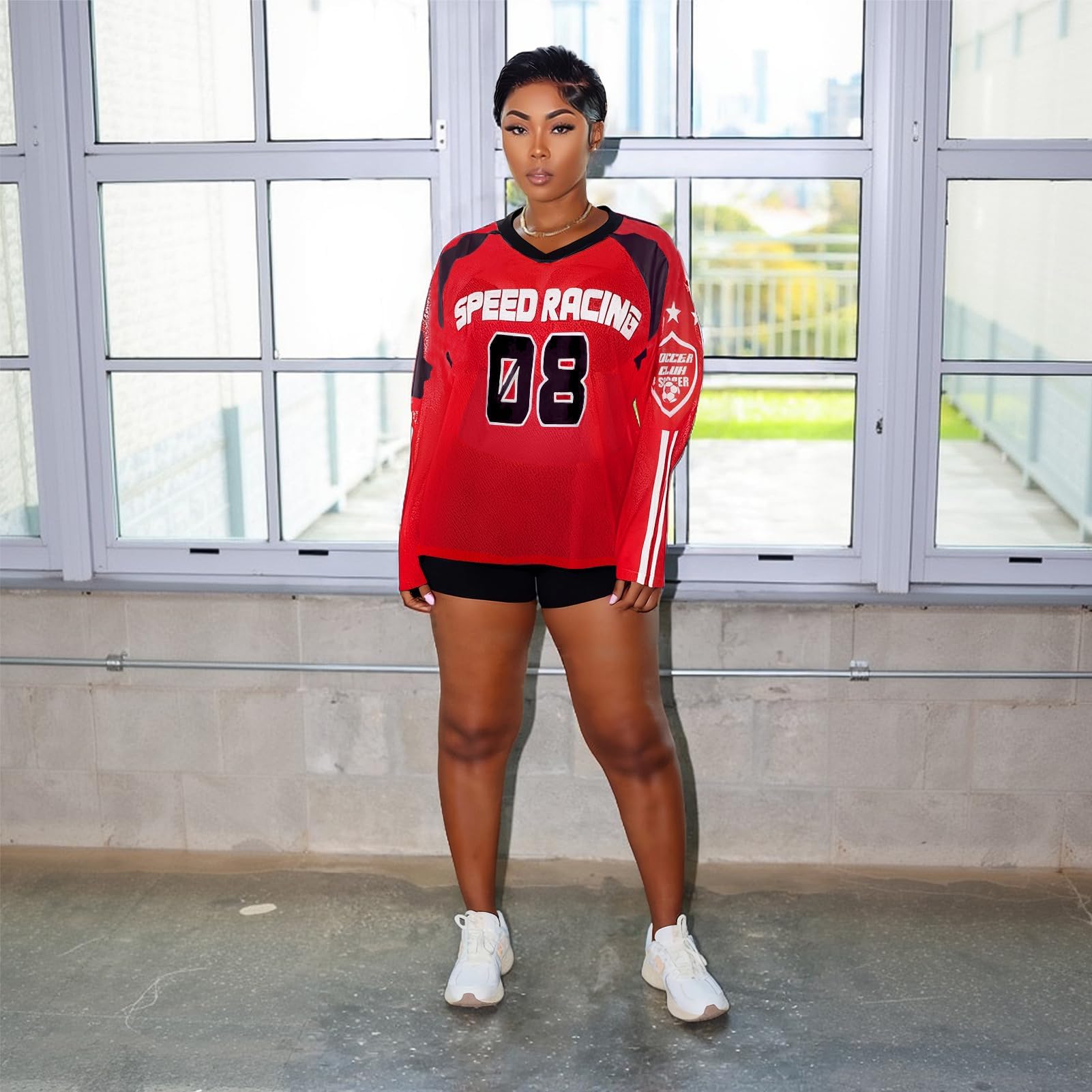 Jersey Shirts for Women - Mesh Long Sleeve Tops Sheer Blouse Graphic Tees Casual Party Club Y2k Streetwear