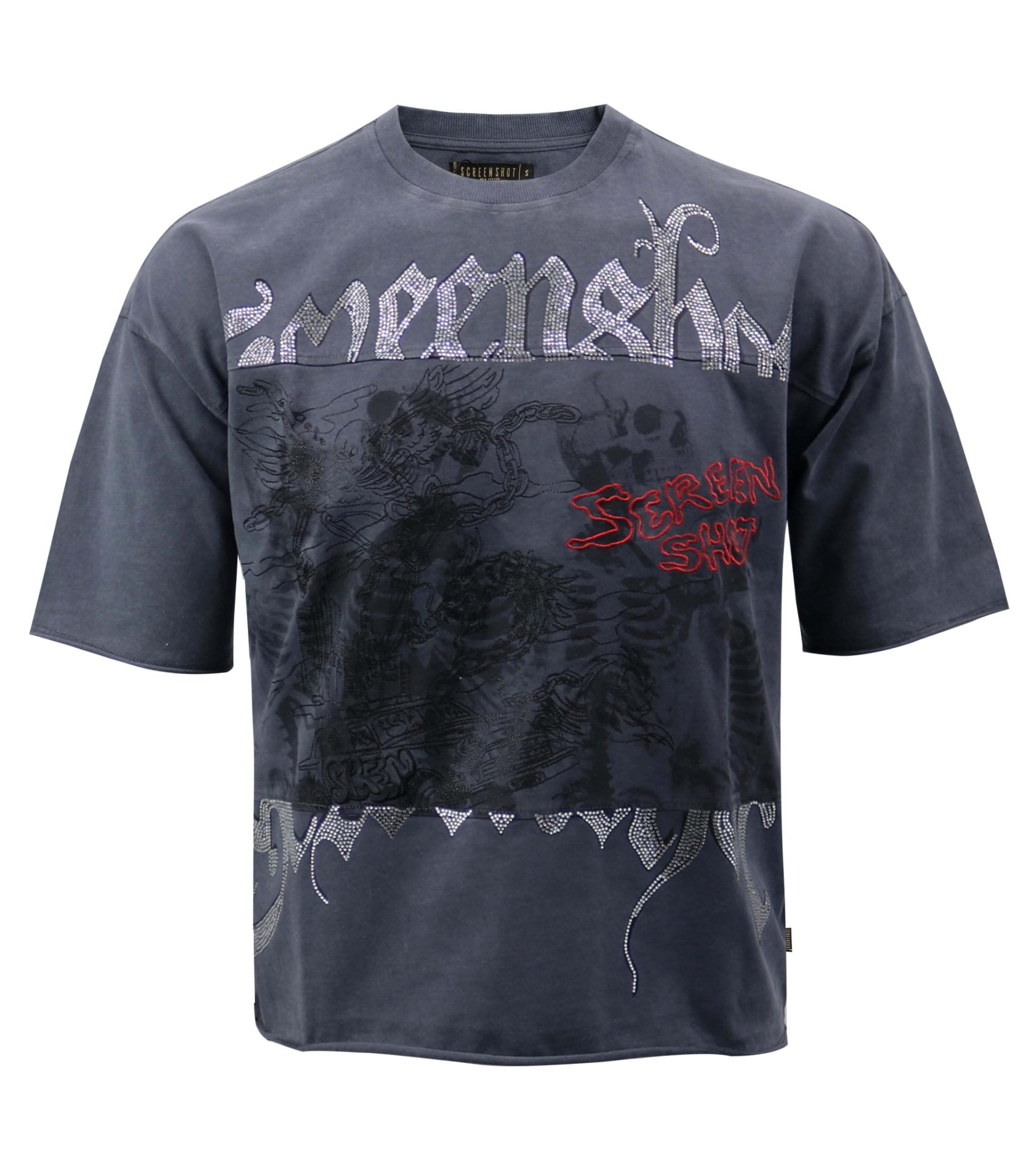 SCREENSHOT Mens Oversized Heavyweight Premium 260GSM 100% Cotton Cropped Boxy Streetwear Fit Rhinestone Designer Tee