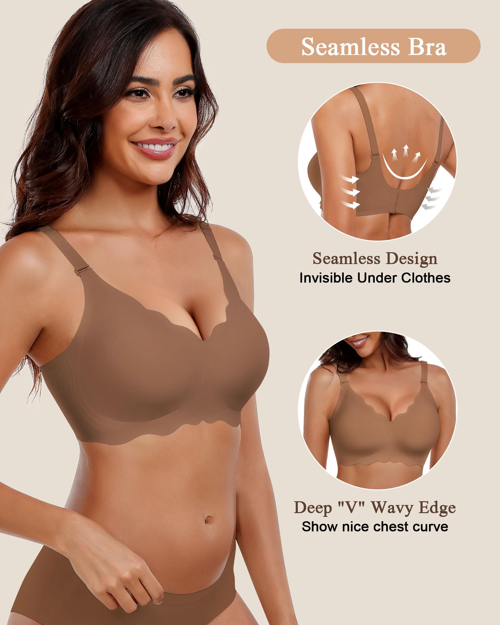 HORISUN Wireless Seamless Bras for Women No Underwire Wavy V Neck Soft Support Full Coverage Comfortable Bra