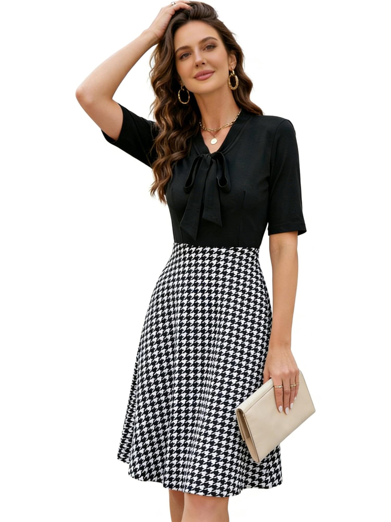 oxiuly Women's Vintage Bow Tie V-Neck Pockets Casual Work Party Cocktail Swing A-line Dresses OX278