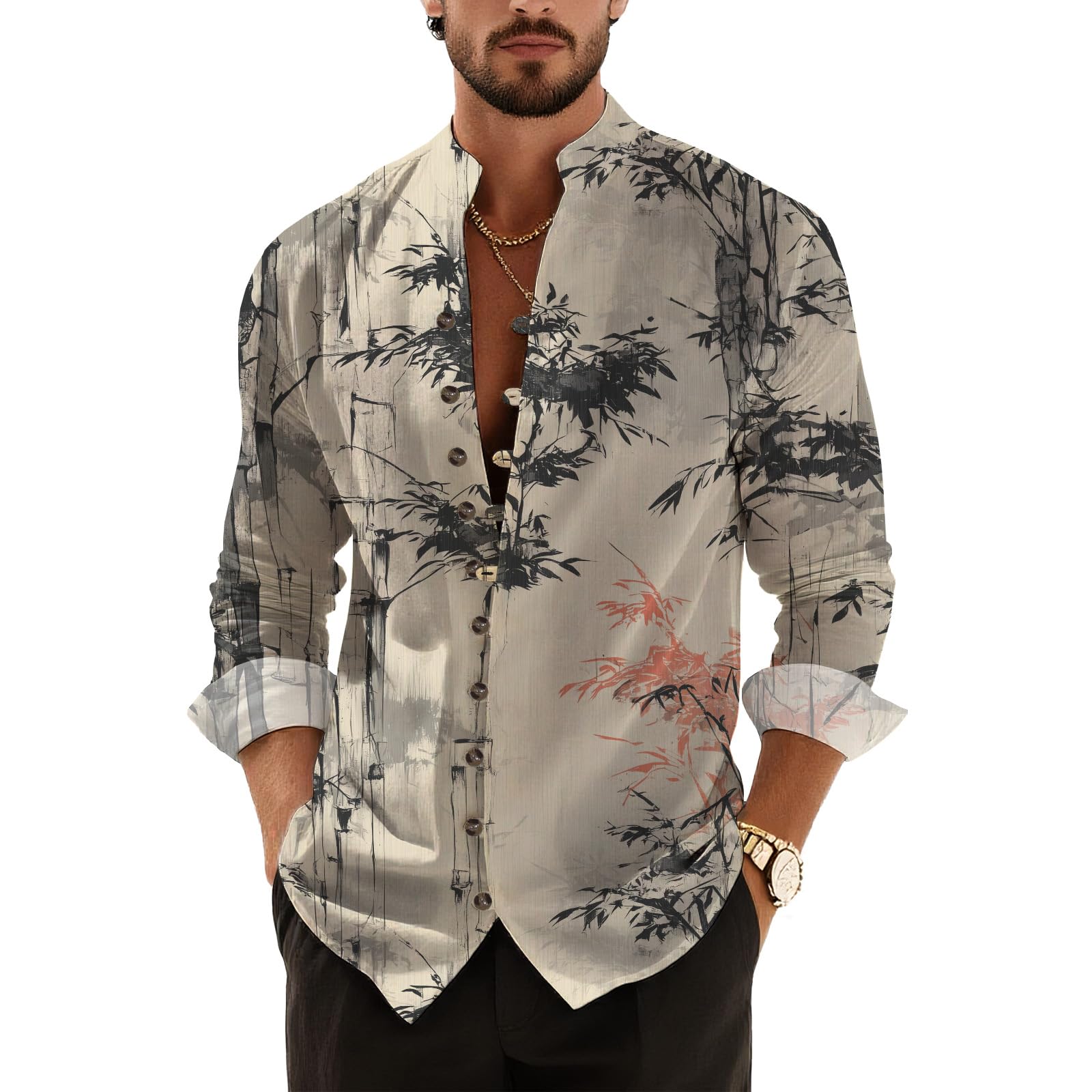 DMOYALA Men’s Hawaiian Button Down Shirts 2025 Fall Casual Long Sleeve Shirts Baggy Henley Neck Beach Vacation Outfits