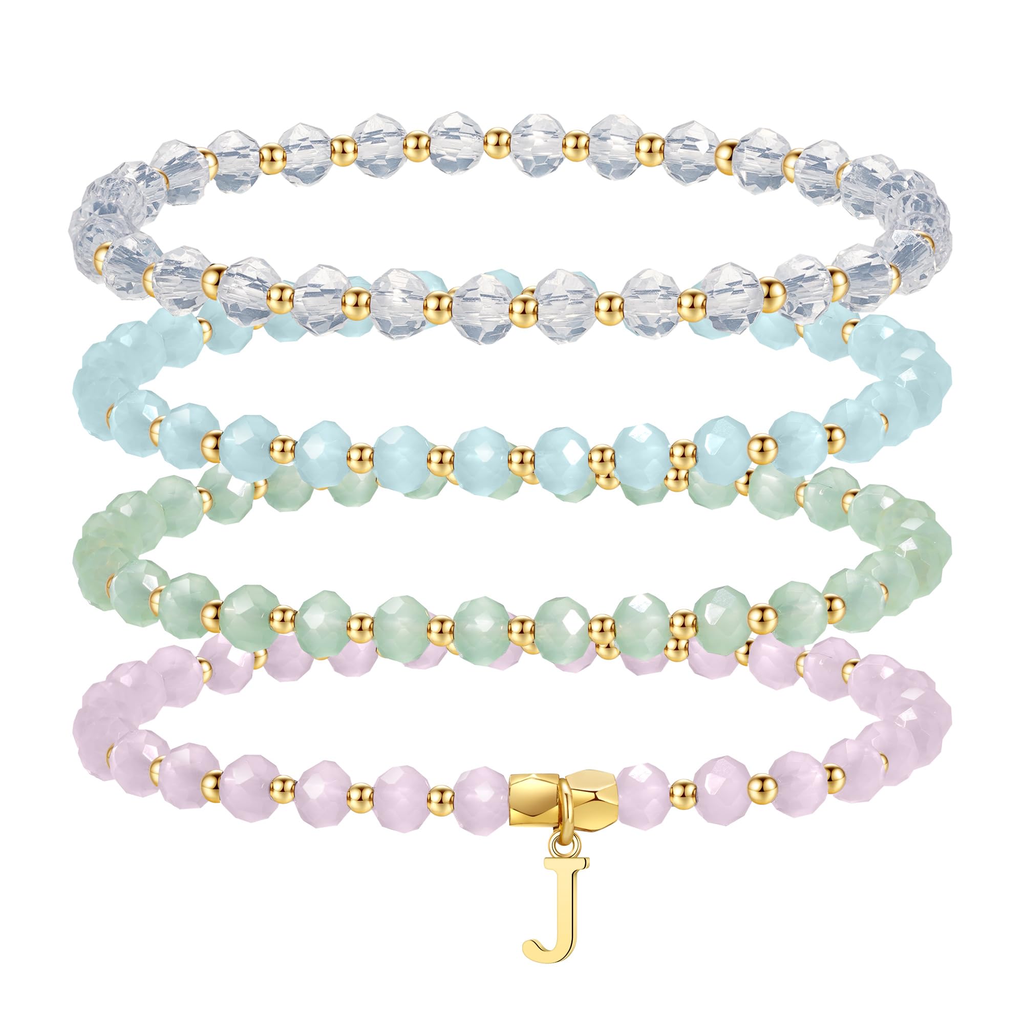 IEFWELL Initial Bracelets for Women Girls - 4Pcs Crystal Bracelets Set Pink/Blue/White/Green Crystals Beaded Bracelet Stretch Bracelet Kid Jewelry Birthday Gifts for Teen Girls Kids Toddler