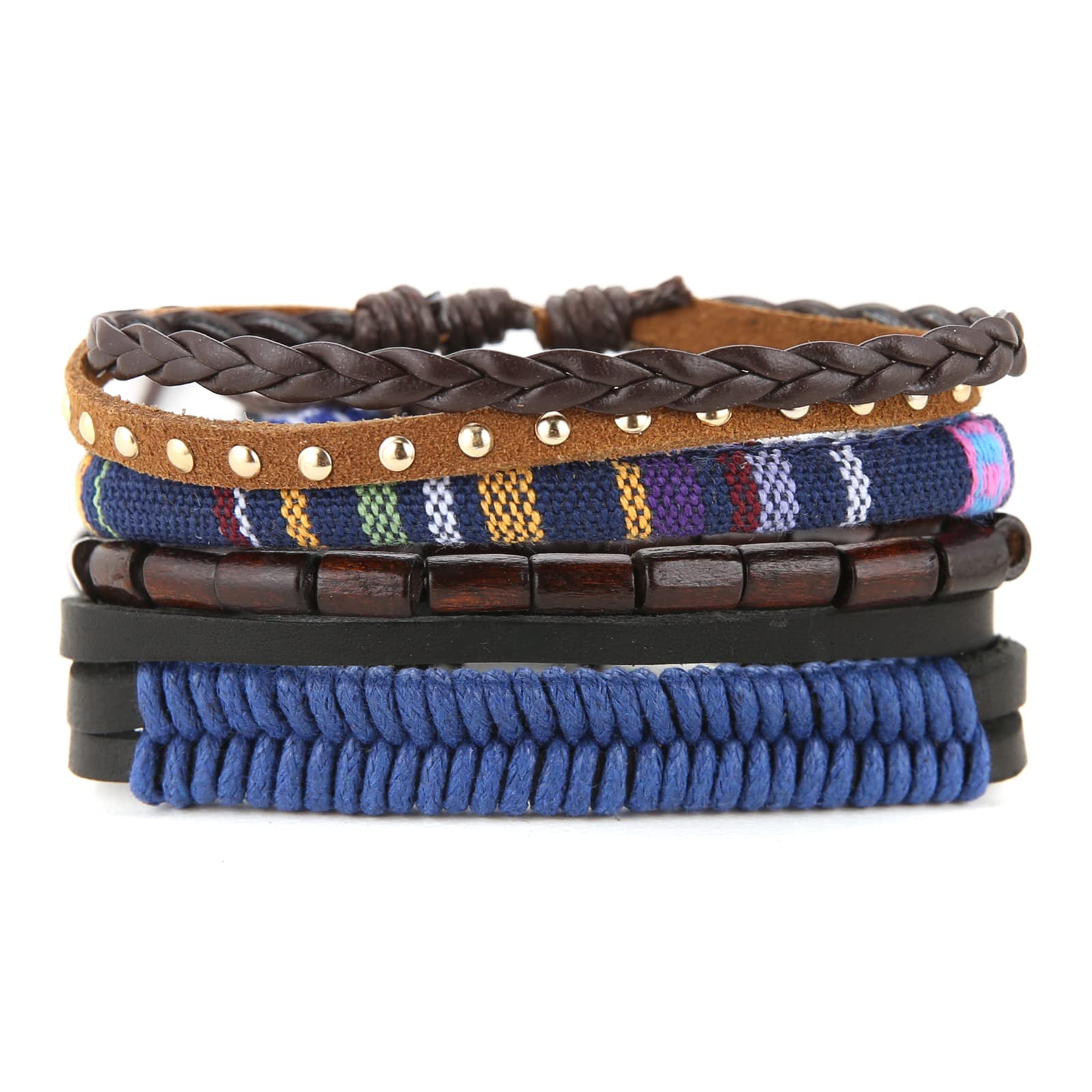 HZMAN Wrap Bracelets Men Women, Hemp Cords Wood Beads Ethnic Tribal Bracelets, Leather Wristbands