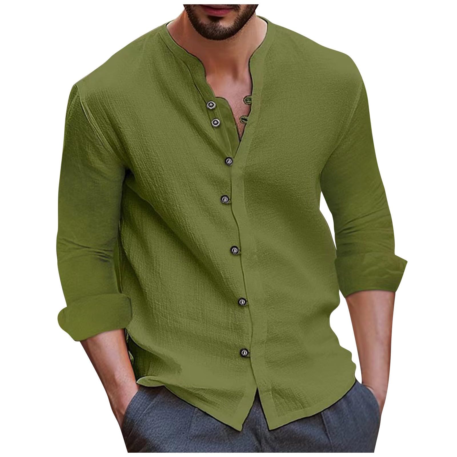 Long Sleeve Shirt Men Vintage Lightweight Plus Size Button Down Blouses Casual Workout Loose V-Neck Cotton Linen Tops