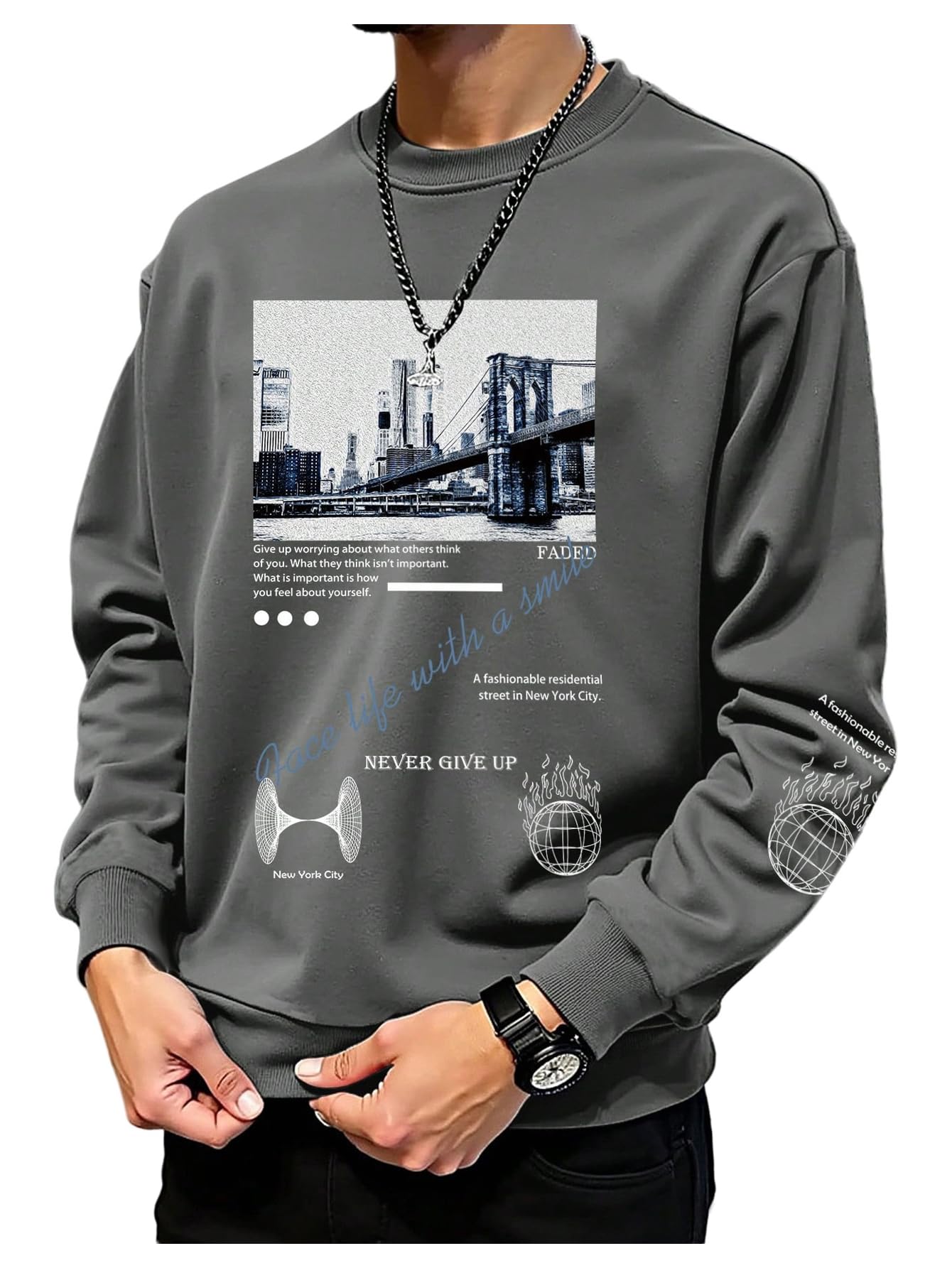SOLY HUX Sweatshirts for Men Letter Graphic Crew Neck Long Sleeve Drop Shoulder Pullover Top