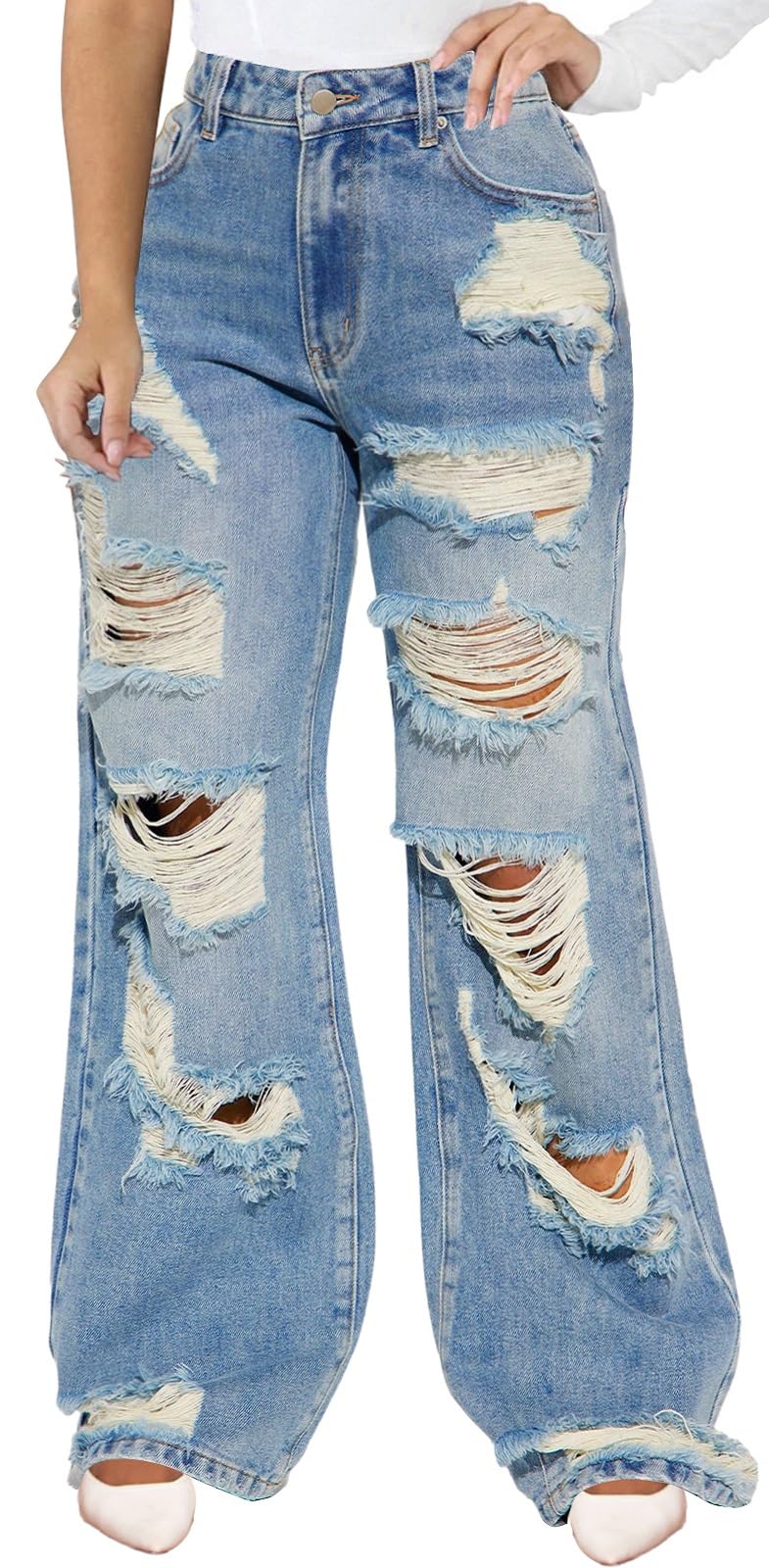 CuteCherry Women Baggy Ripped Jeans Destroyed Wide Leg Retro Denim Pants