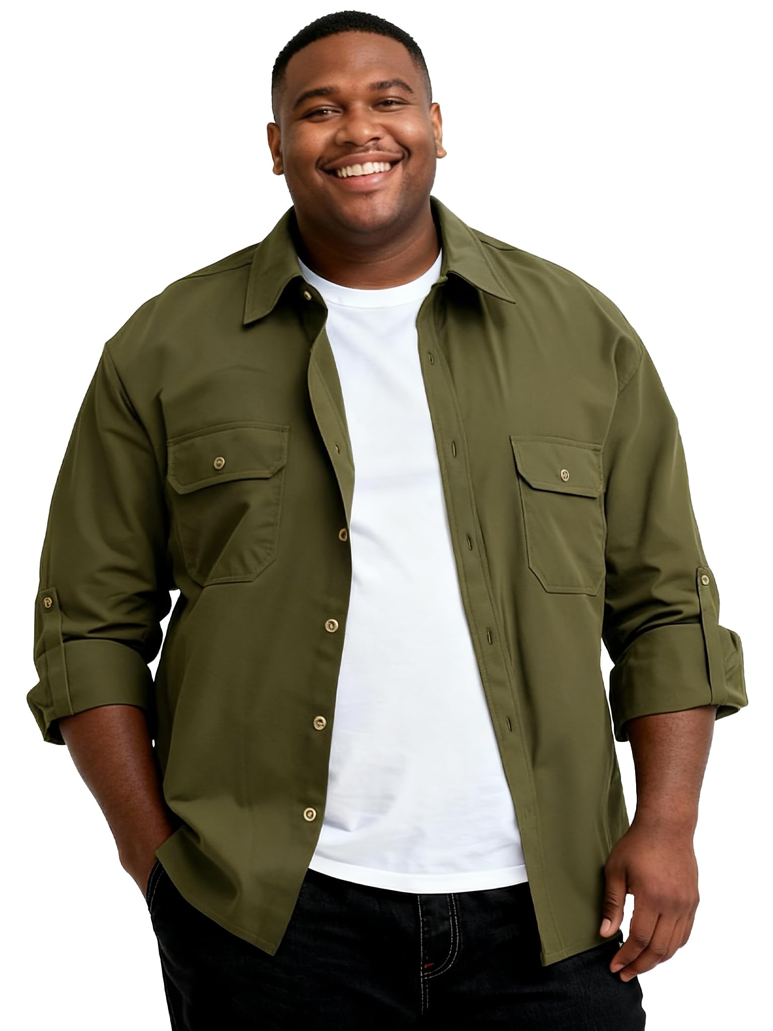 Big and Tall Shirts for Men,Button Down Work Shirt with Roll-Up Sleeves and Utility Pockets,Casual Outdoor Western Fit