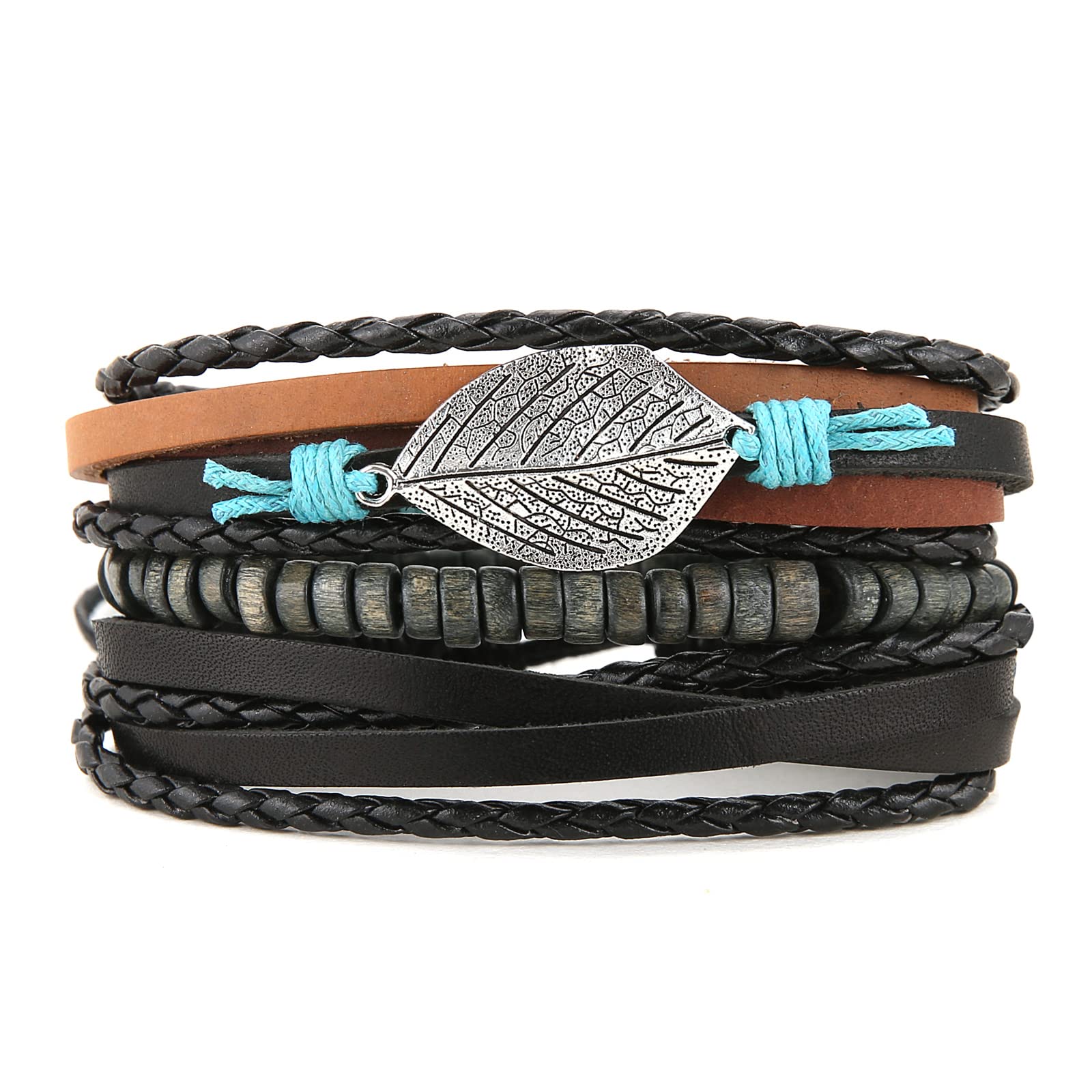 HZMAN Wrap Bracelets Men Women, Hemp Cords Wood Beads Ethnic Tribal Bracelets, Leather Wristbands