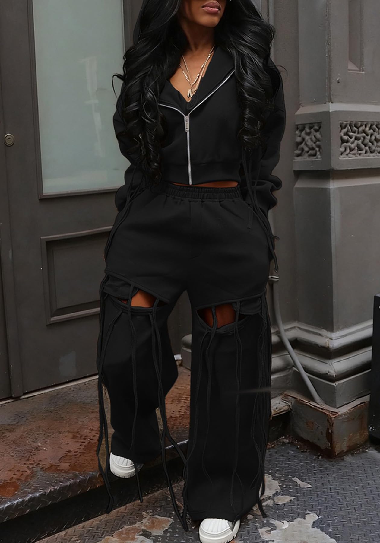 Lymeral Womens Sweatsuits 2 Piece Outfits Fall Zip Up Cropped Hoodie Cut Out Sweatpants Sets Airport Travel Outfit Tracksuit