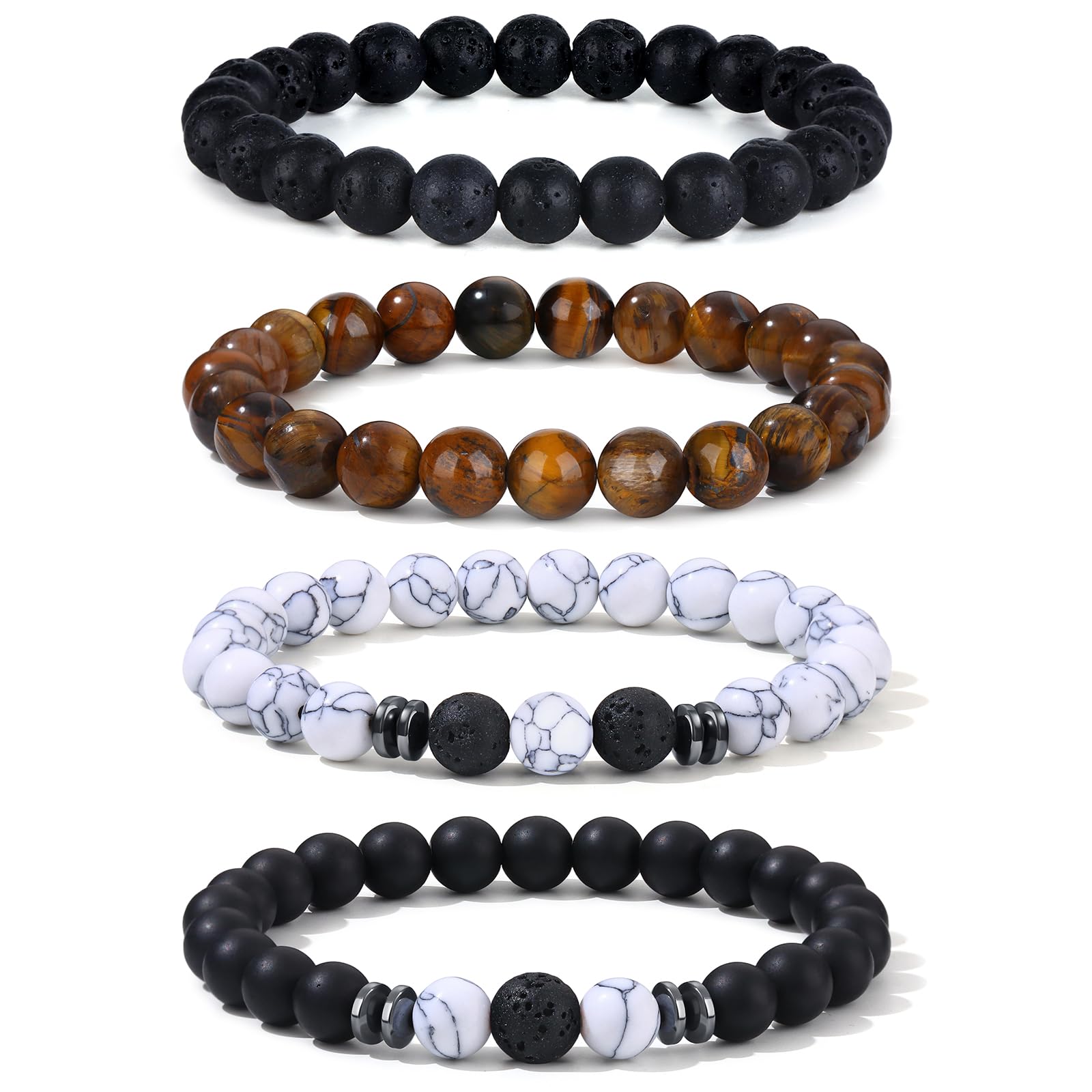 Giovanchi 4-12PCS Bracelets for Men, 8MM Mens Bracelets Lava Rock Black Obsidian Howlite Tiger Eye Beaded Natural Stone Bracelet Jewelry Gifts for Birthday Christmas