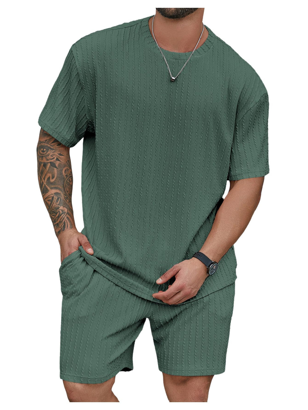 RoseSeek Men's Big and Tall 2 Piece Summer Outfits Textured Drop Shoulder T Shirt and Short Sets Tracksuit