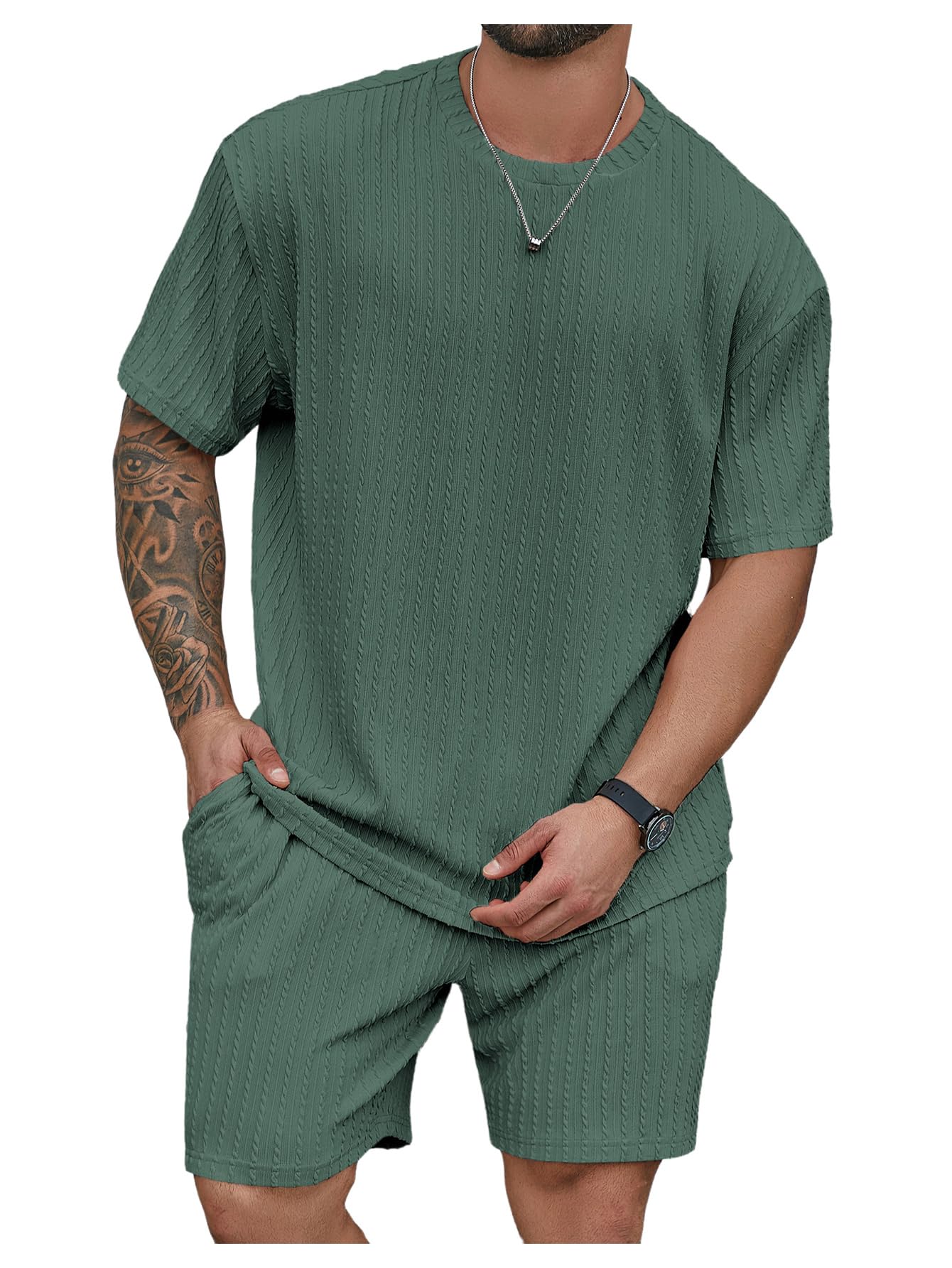 RoseSeek Men's Big and Tall 2 Piece Summer Outfits Textured Drop Shoulder T Shirt and Short Sets Tracksuit